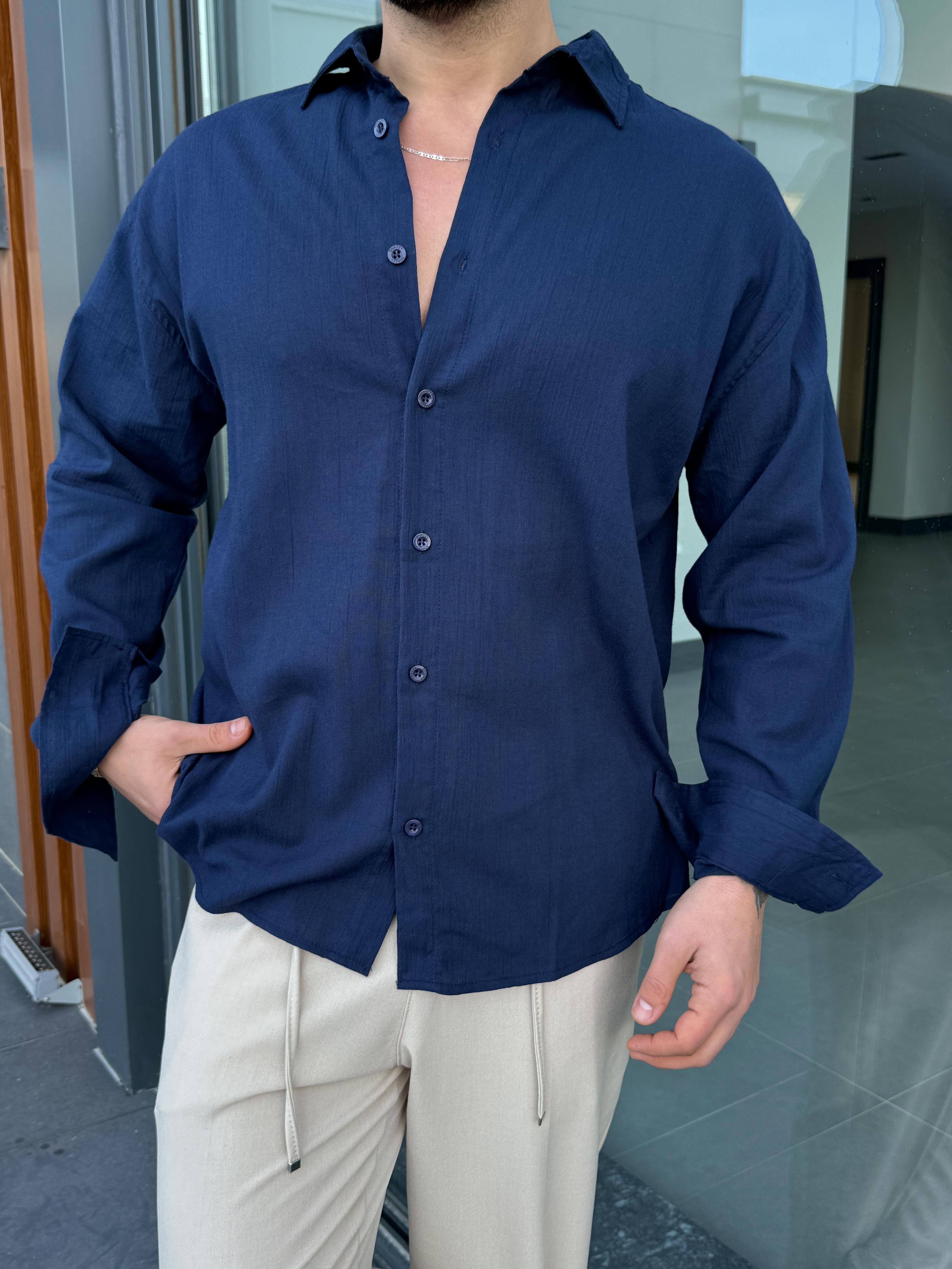 Lacivert Krinkıl Pamuk Oversize Gömlek SNZ 1003