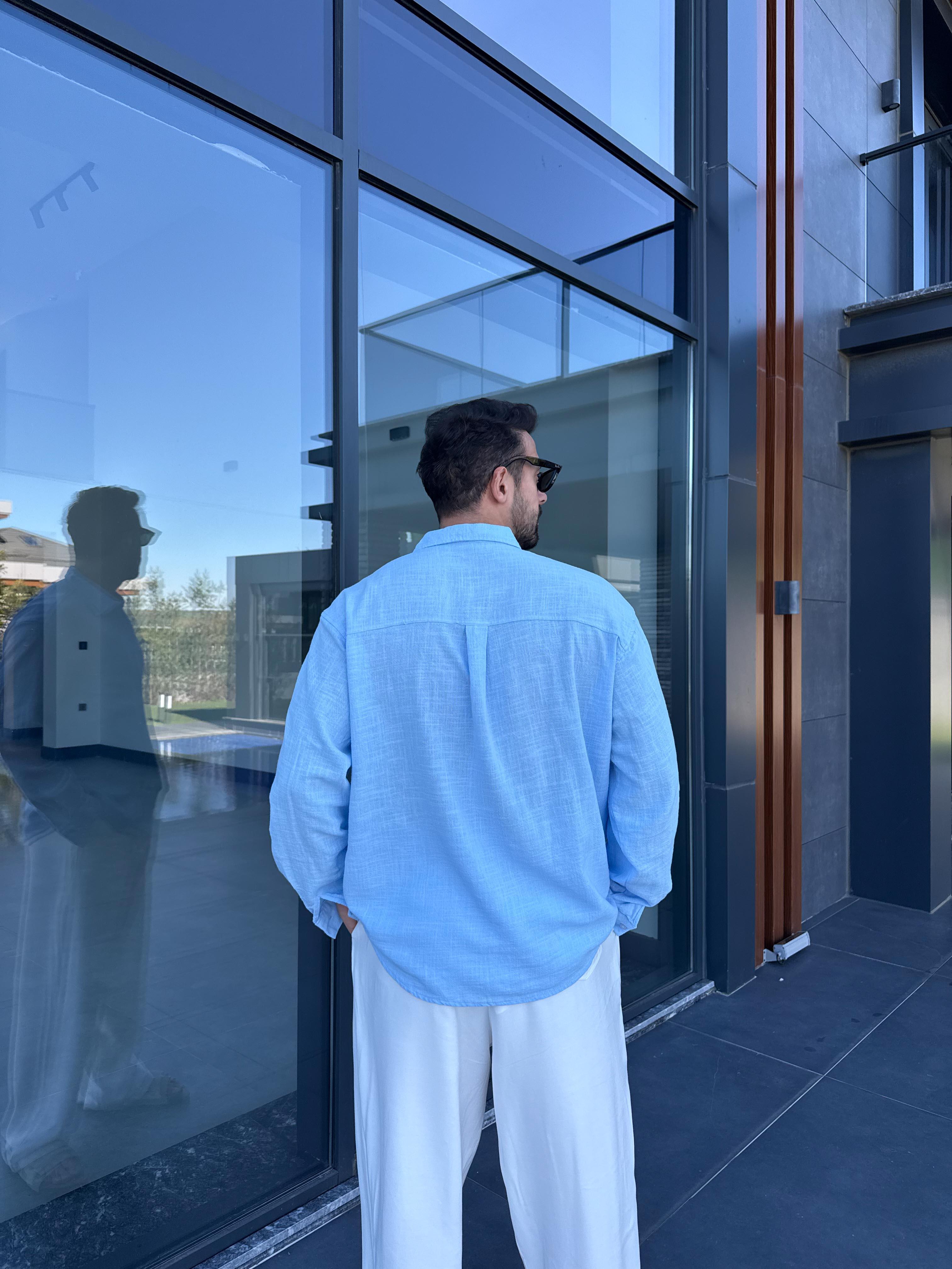 Mavi Göğüs Cepli Ham Keten Oversize Gömlek PNC 2550