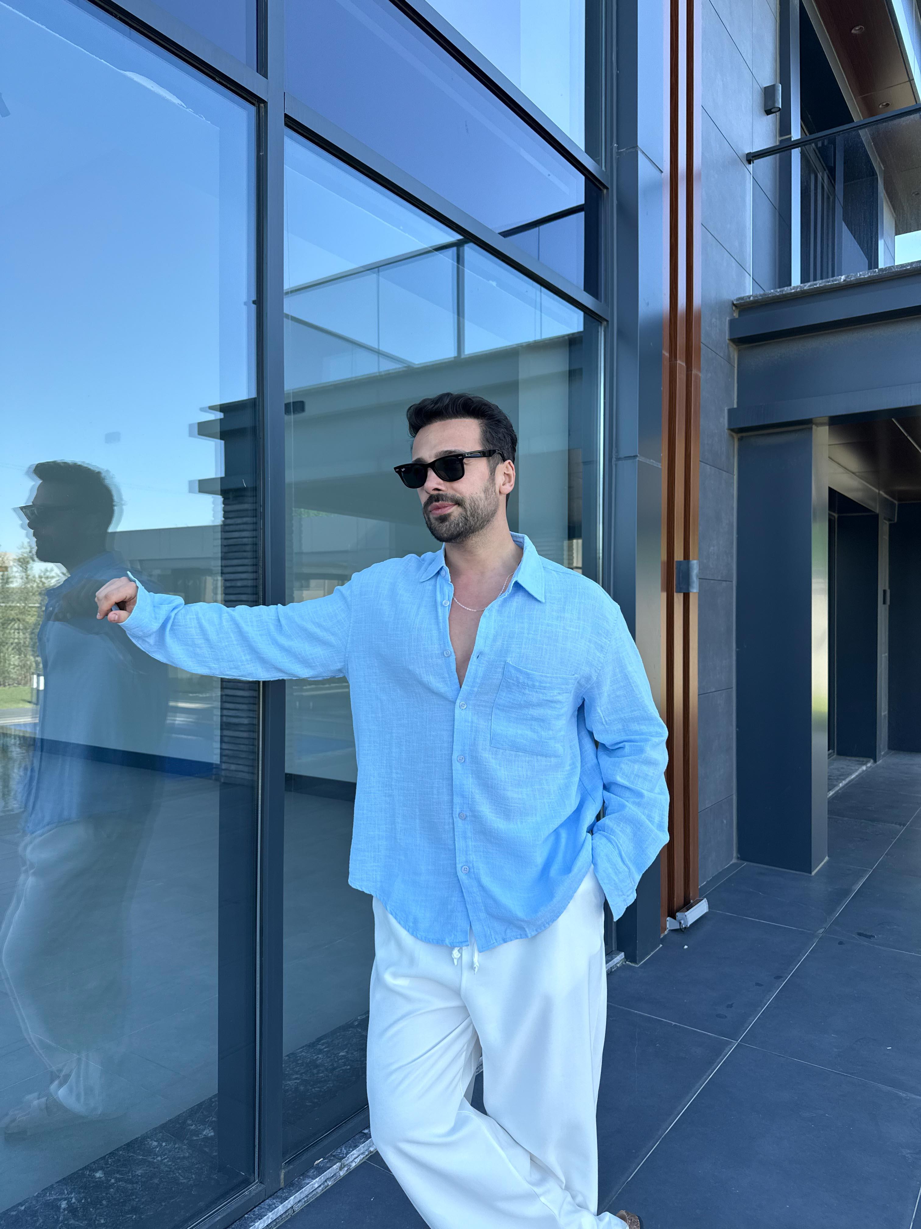 Mavi Göğüs Cepli Ham Keten Oversize Gömlek PNC 2550