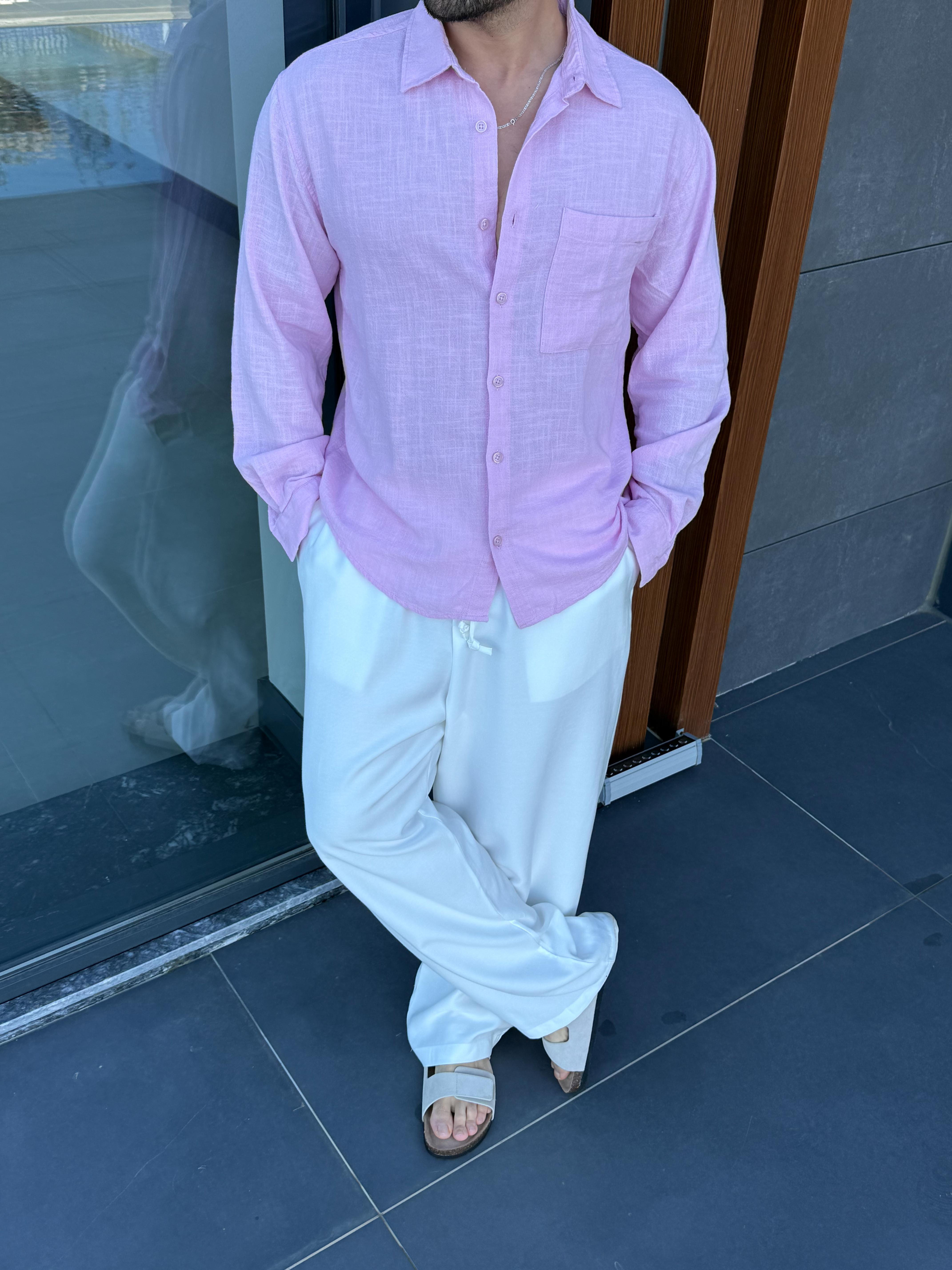 Pembe Göğüs Cepli Ham Keten Oversize Gömlek PNC 2550