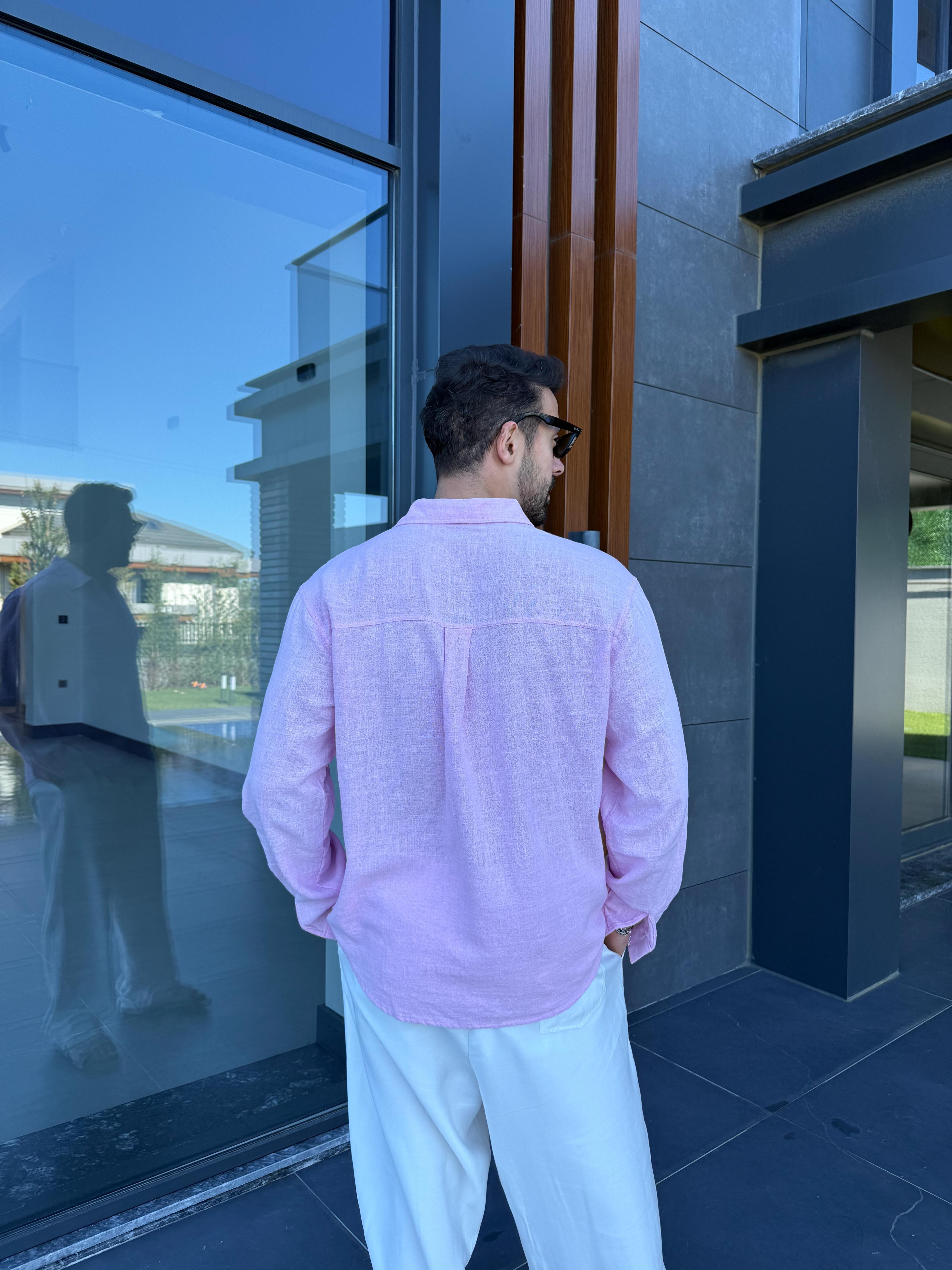 Pembe Göğüs Cepli Ham Keten Oversize Gömlek PNC 2550