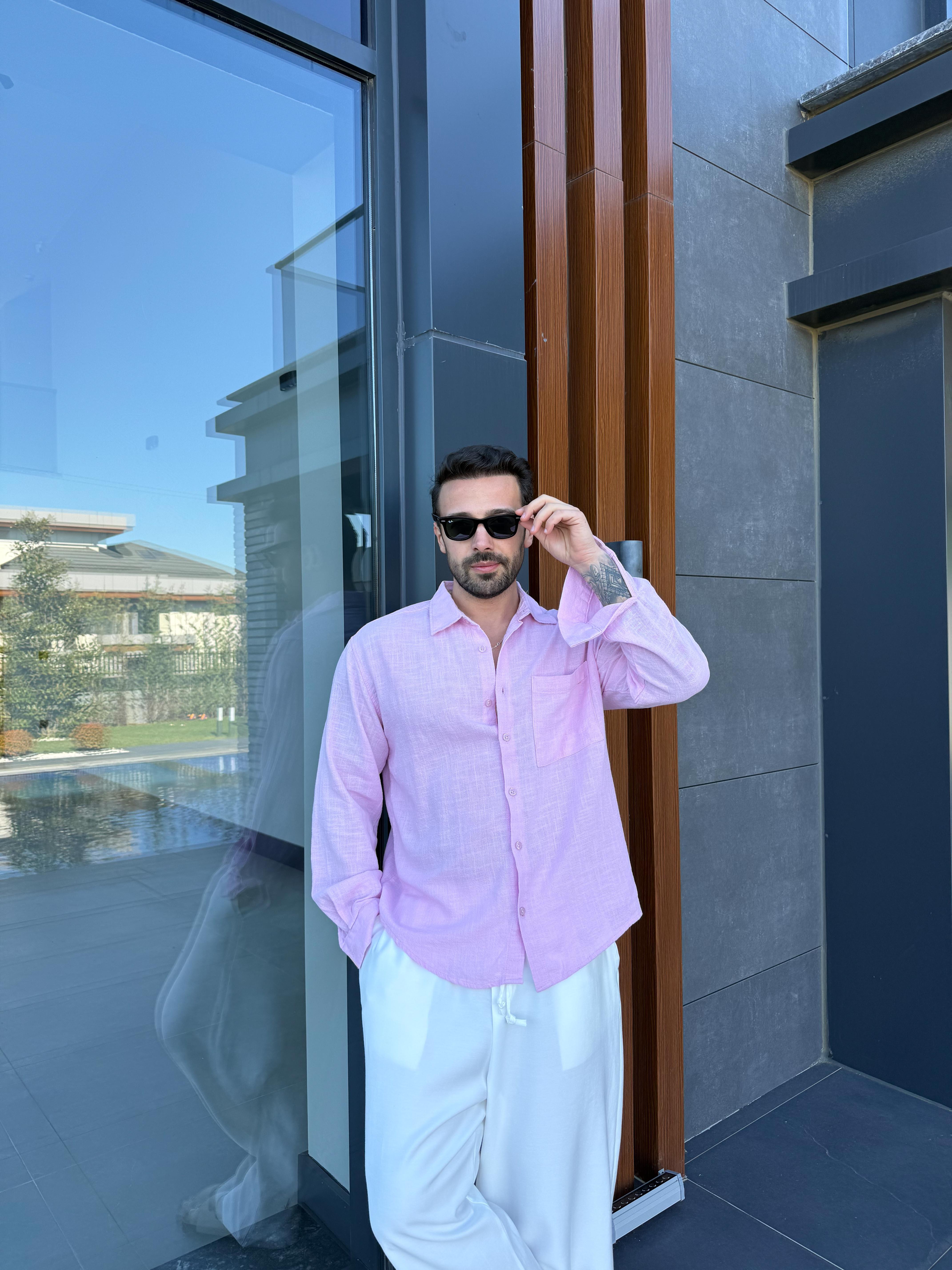 Pembe Göğüs Cepli Ham Keten Oversize Gömlek PNC 2550