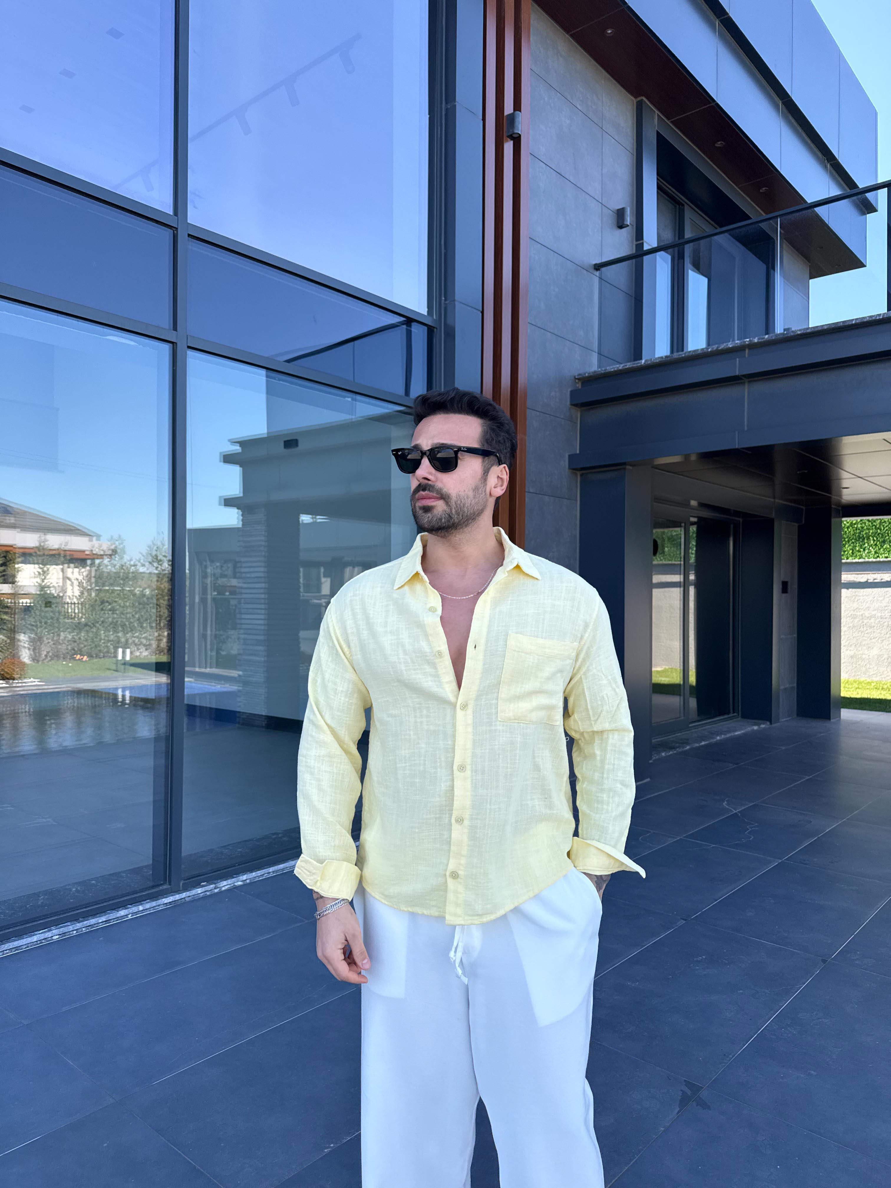 Sarı Göğüs Cepli Ham Keten Oversize Gömlek PNC 2550
