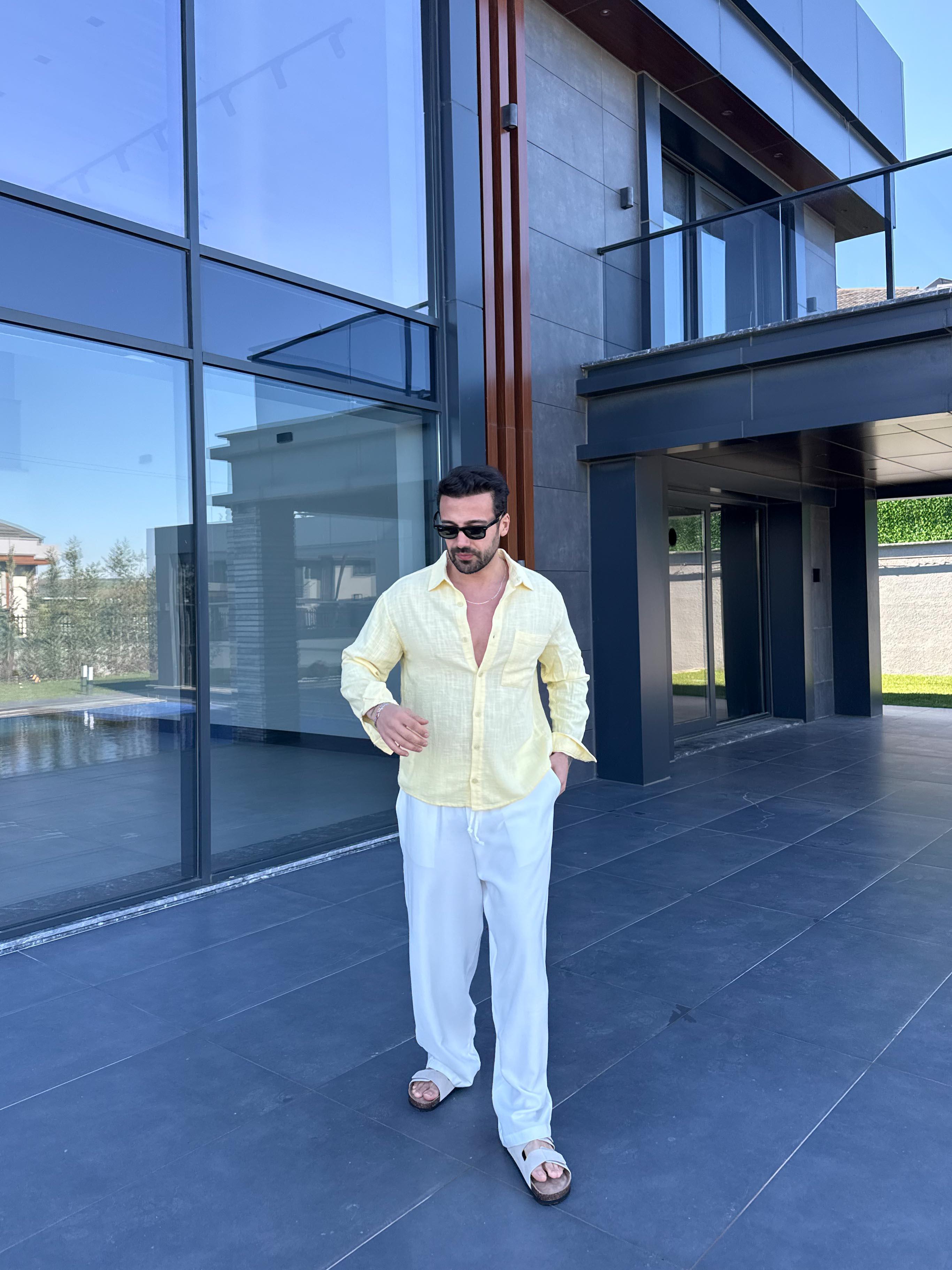 Sarı Göğüs Cepli Ham Keten Oversize Gömlek PNC 2550