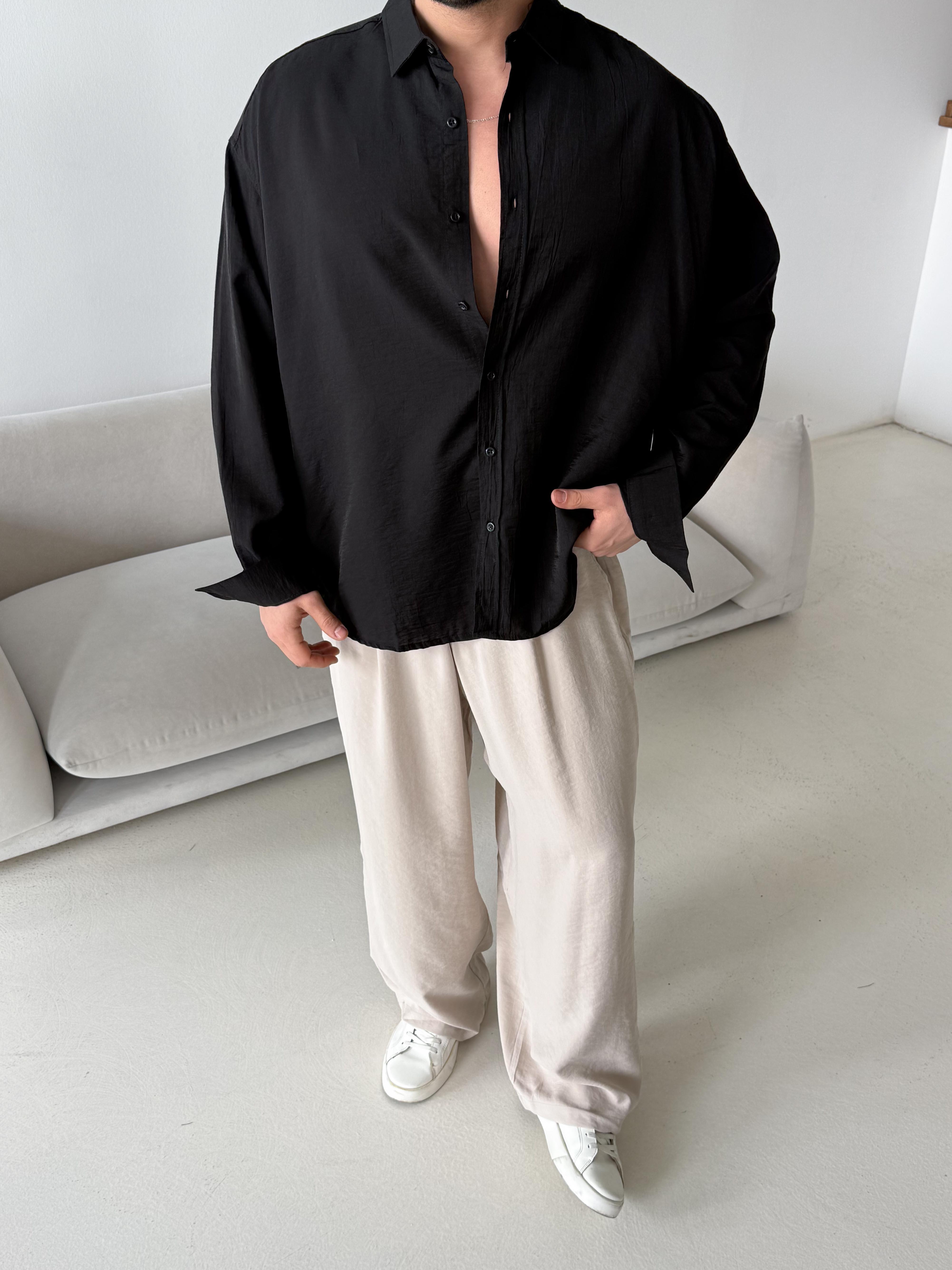 Siyah Düz Krinkıl Detaylı Oversize Gömlek PLZ 26309