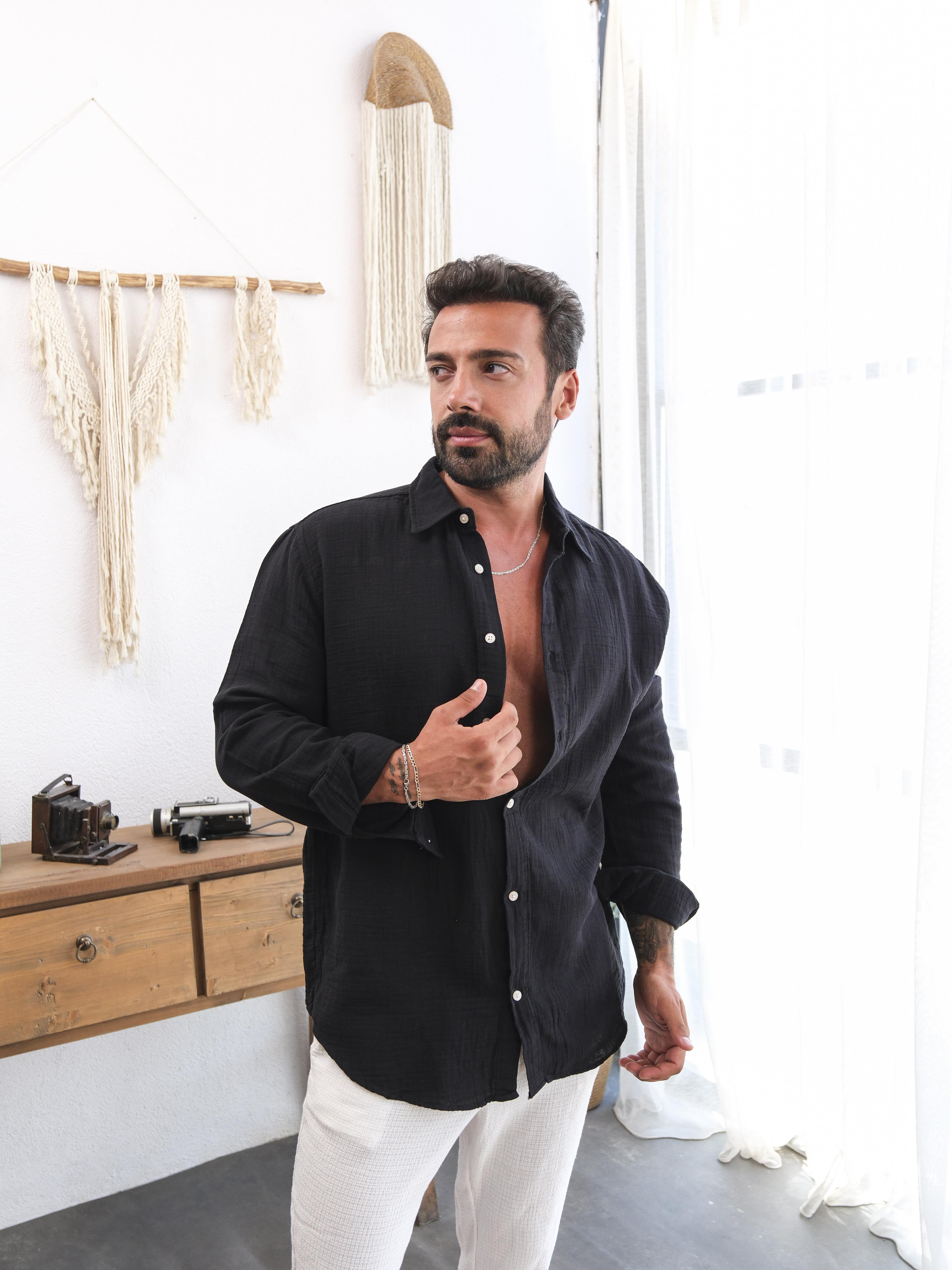Siyah Düz Oversize Keten Gömlek VS4050