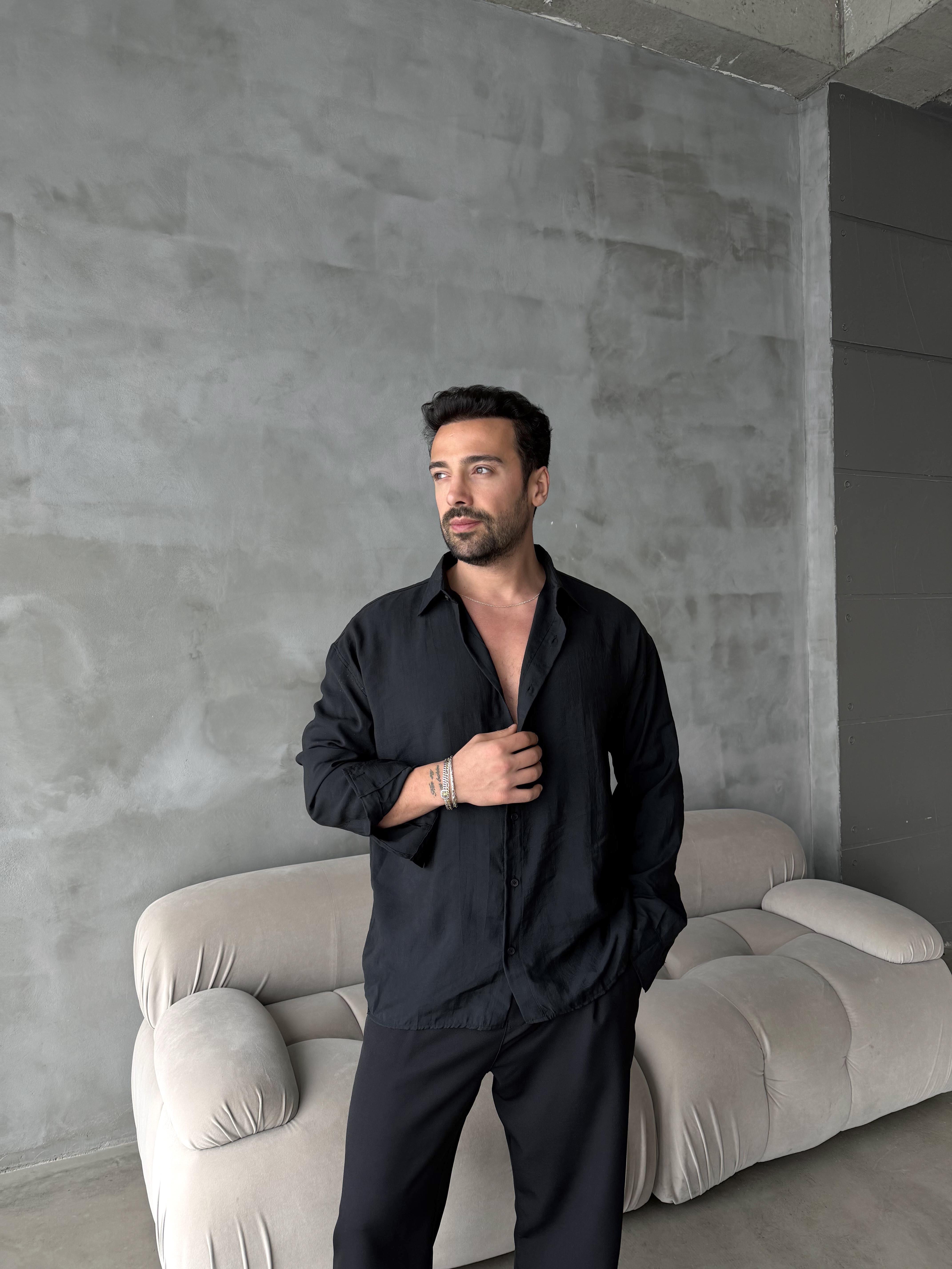 Siyah Modal Kumaş Uzun Kol Gömlek MSS