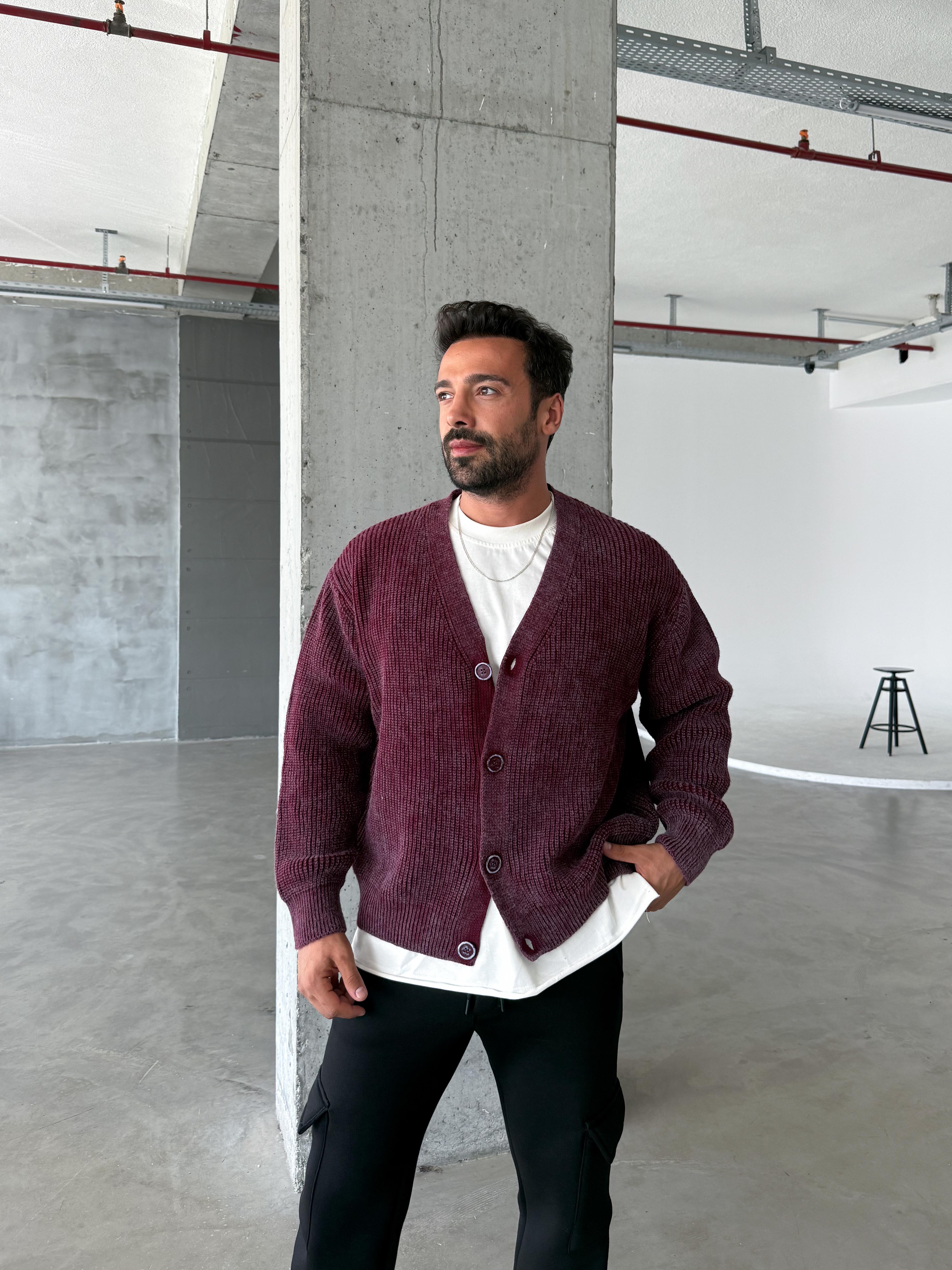 Bordo Düz Düğmeli Süveter PNC 9067