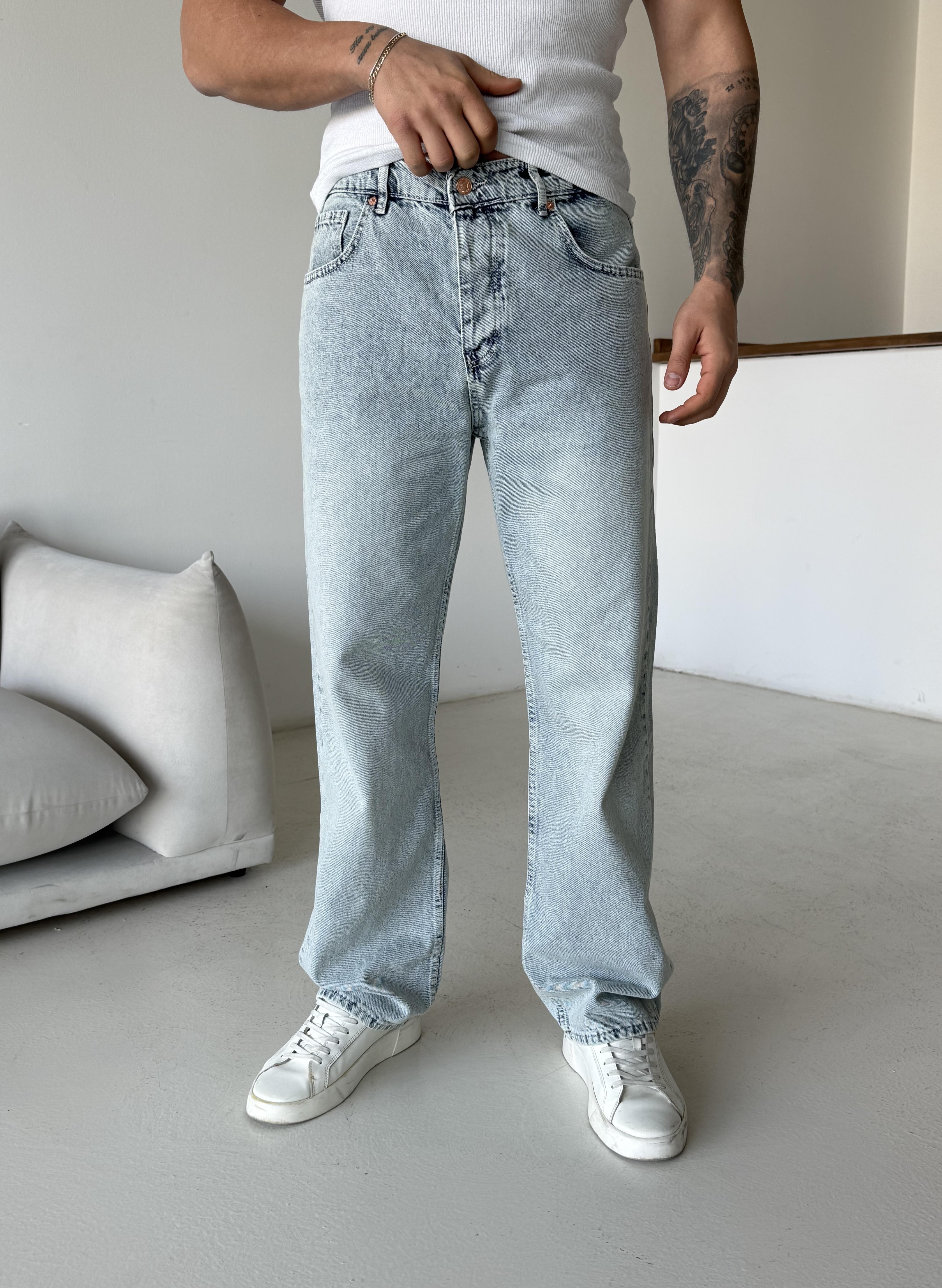 Buz Mavi Kar Beyaz Taşlama Baggy Kot Pantalon 600-2 MB