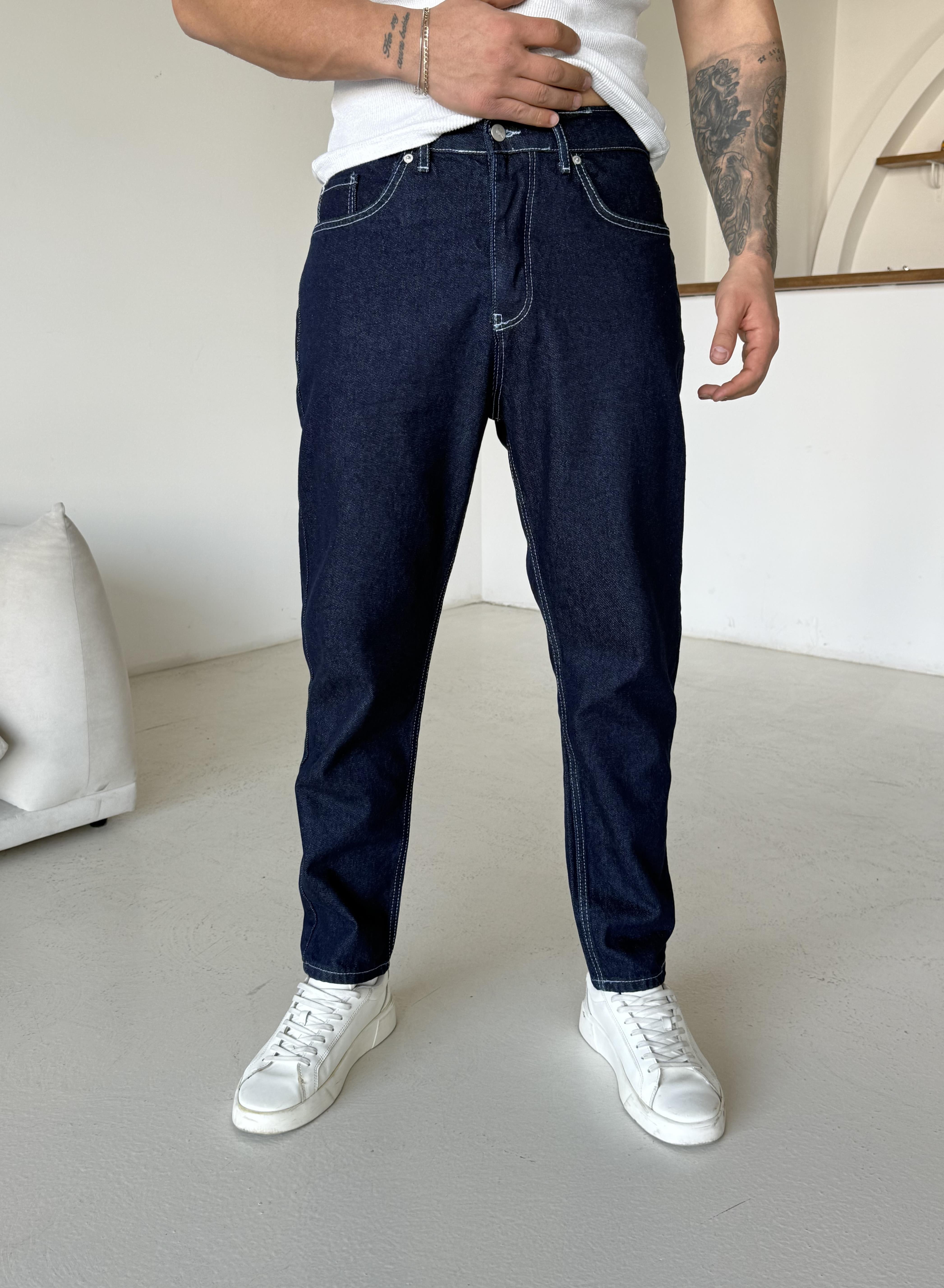 Lacivert Beyaz Dikişli Boy Friend Kot Pantalon DM 658