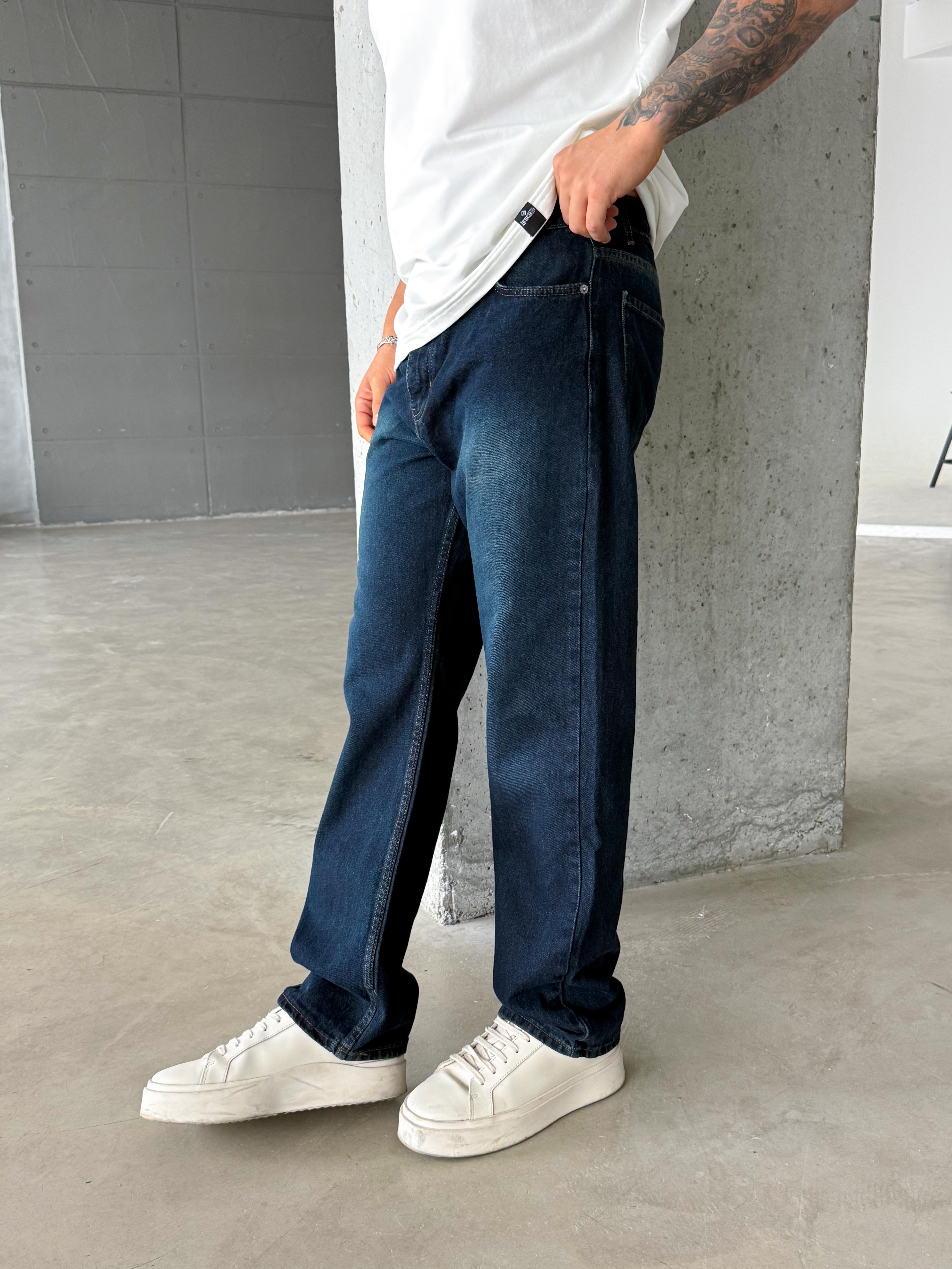 Lacivert Yeşil Taşlı Düz Baggy Kot Pantolon DM