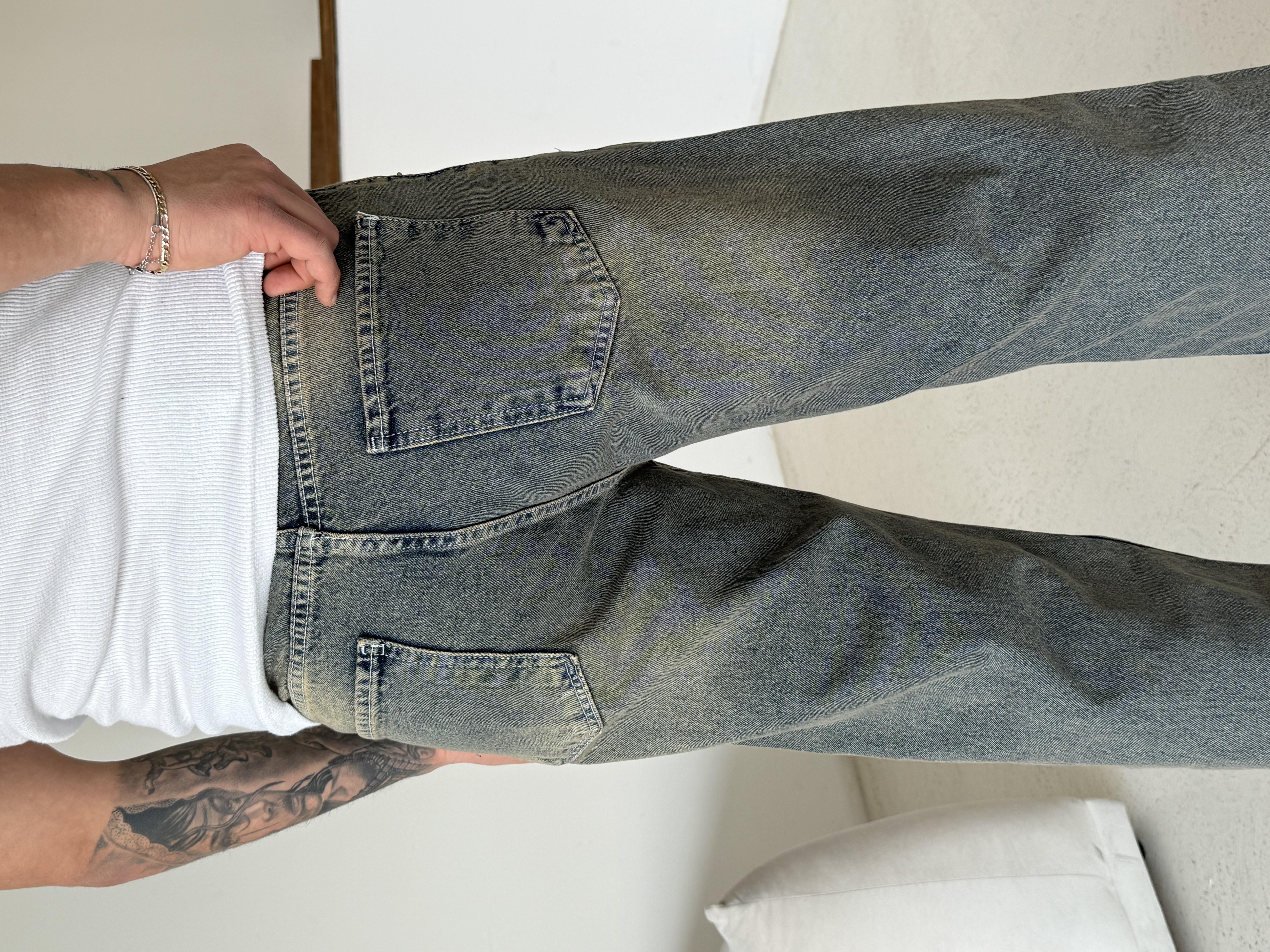 Mavi Full Yeşil Taşlamalı Baggy Kot Pantalon 600-1 MB