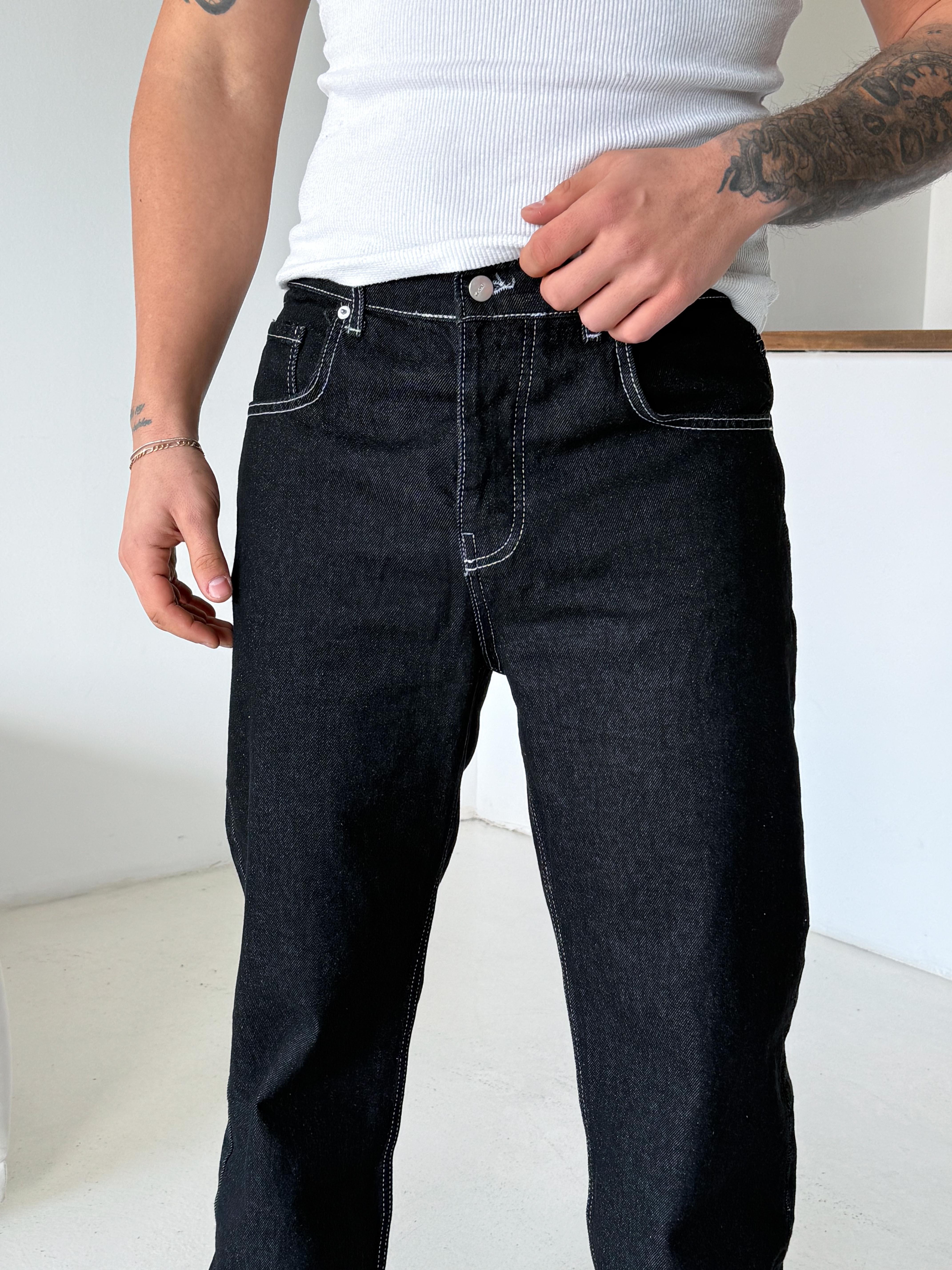 Siyah Dikiş Beyaz Baggy Kot Pantalon 644