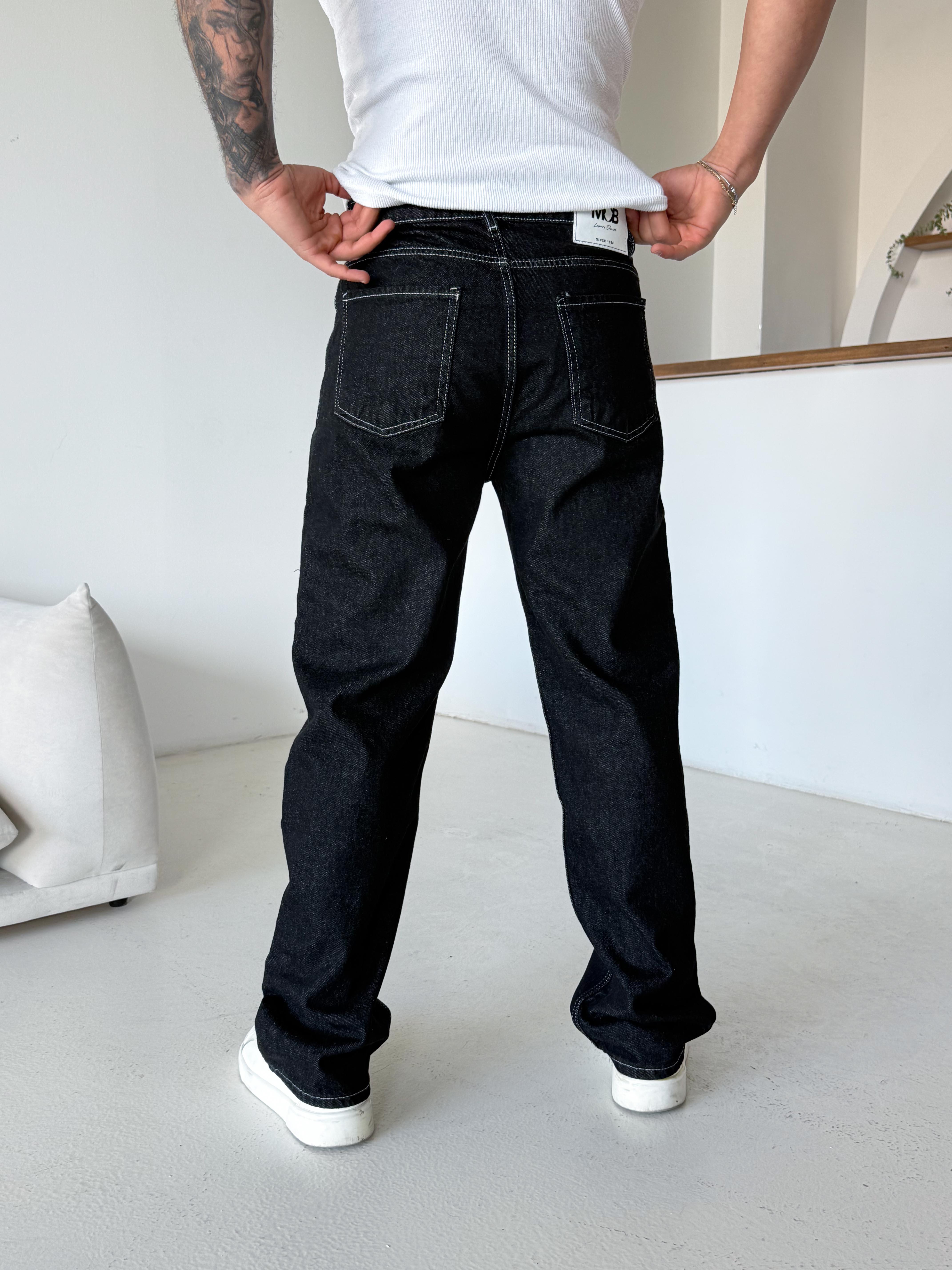 Siyah Dikiş Beyaz Baggy Kot Pantalon 644
