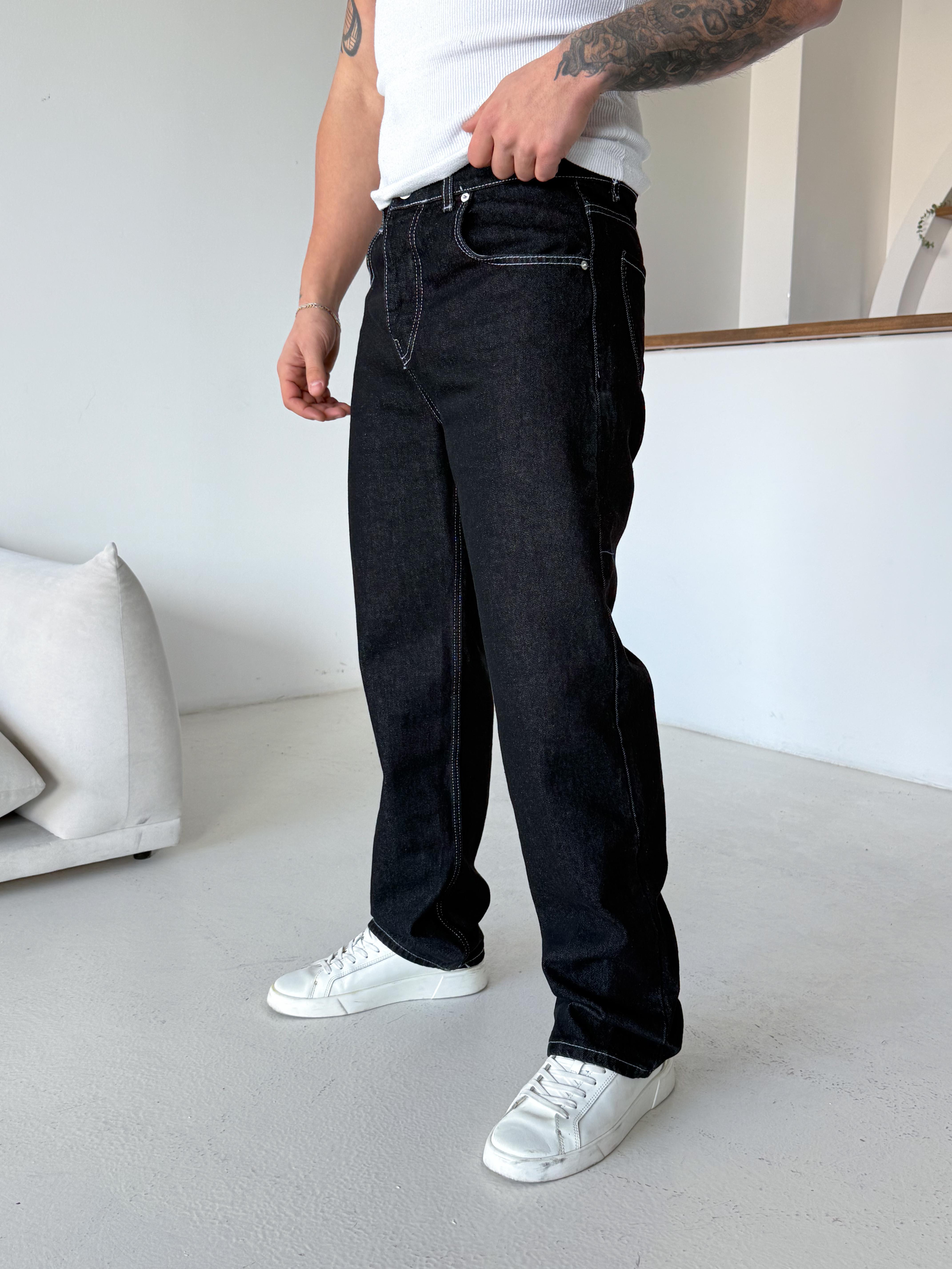 Siyah Dikiş Beyaz Baggy Kot Pantalon 644
