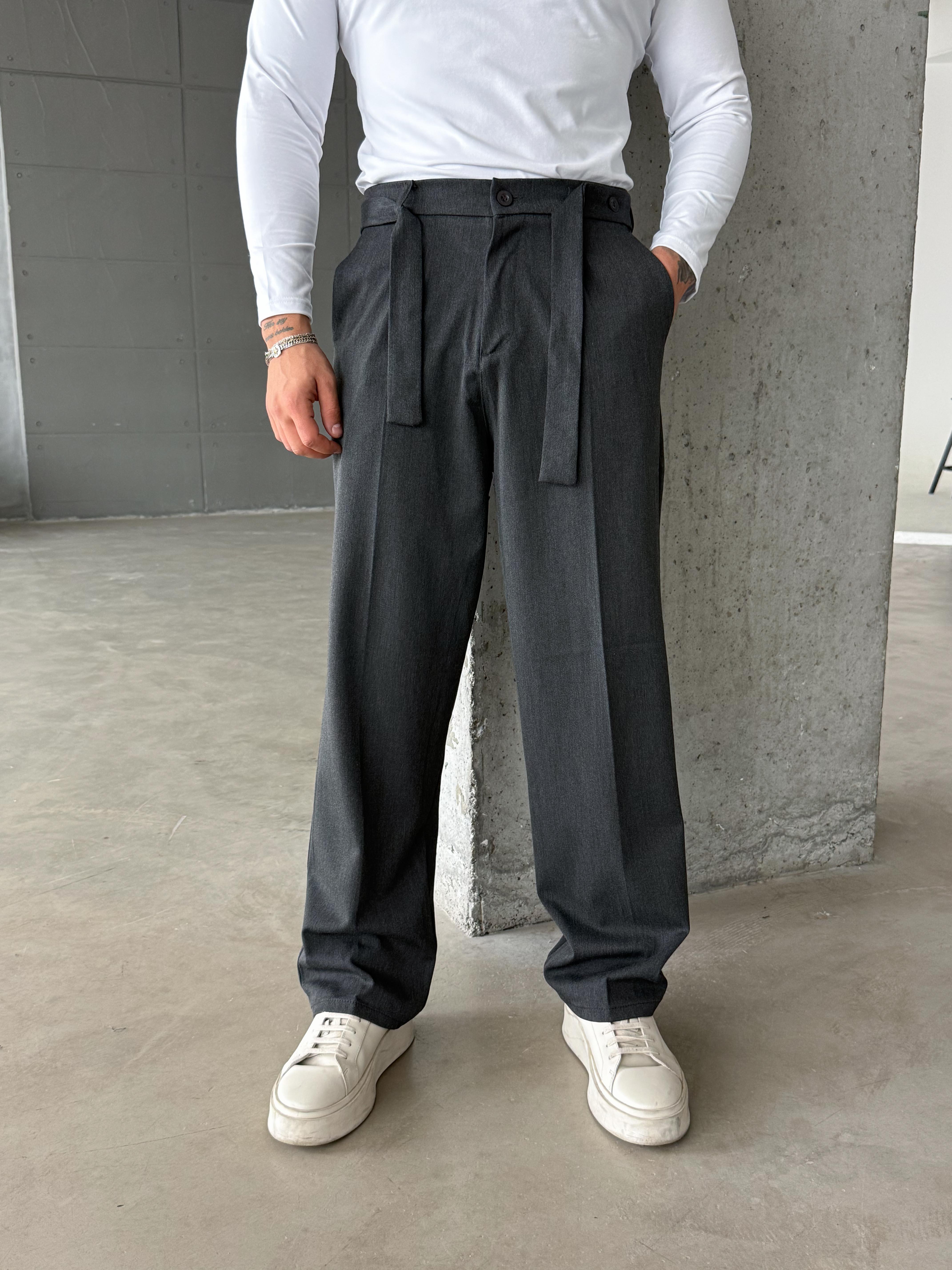 Antrasit Kendiliğinden Kemerli Baggy Kumaş Pantolon SNZ k5089