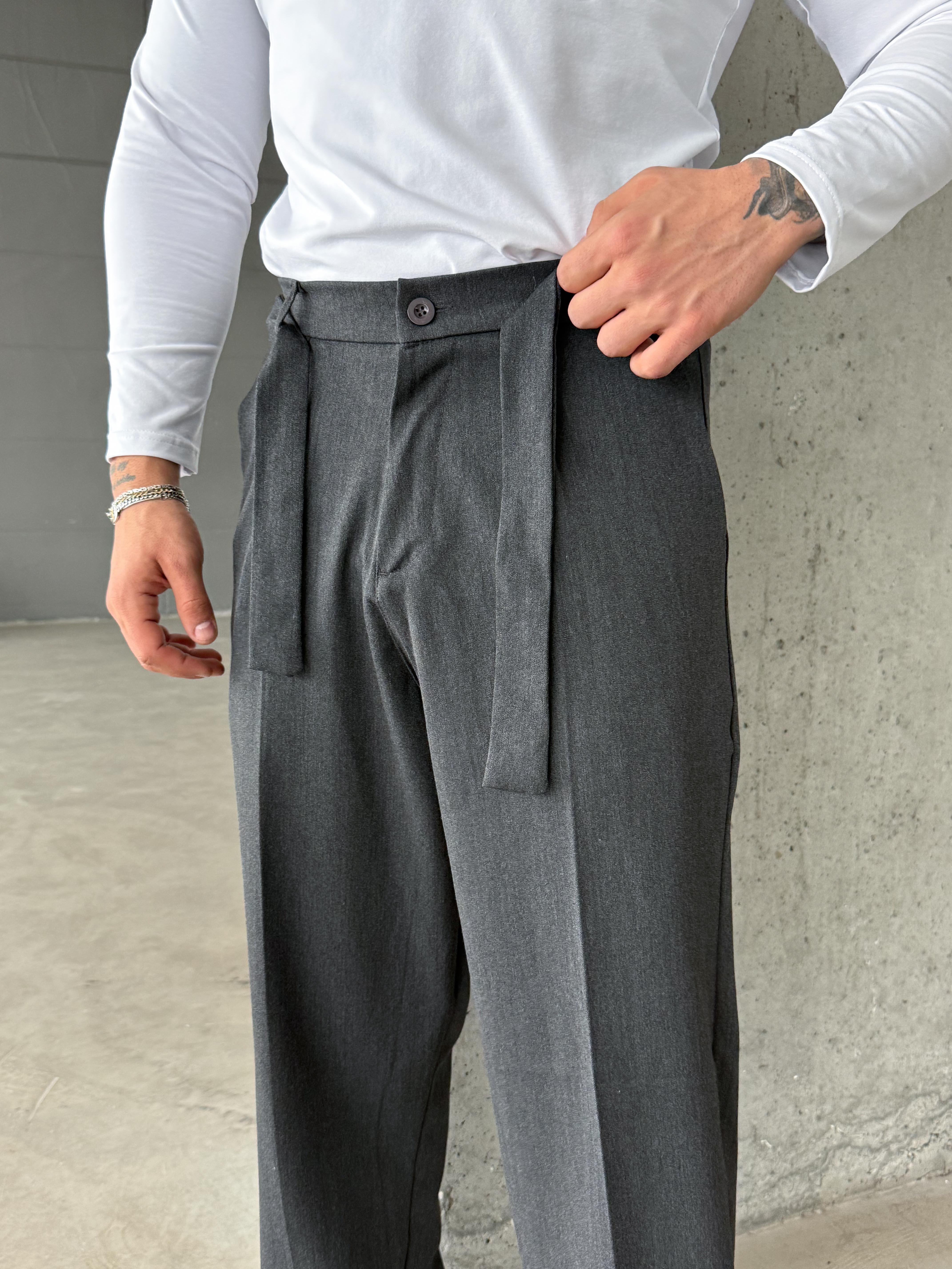 Antrasit Kendiliğinden Kemerli Baggy Kumaş Pantolon SNZ k5089