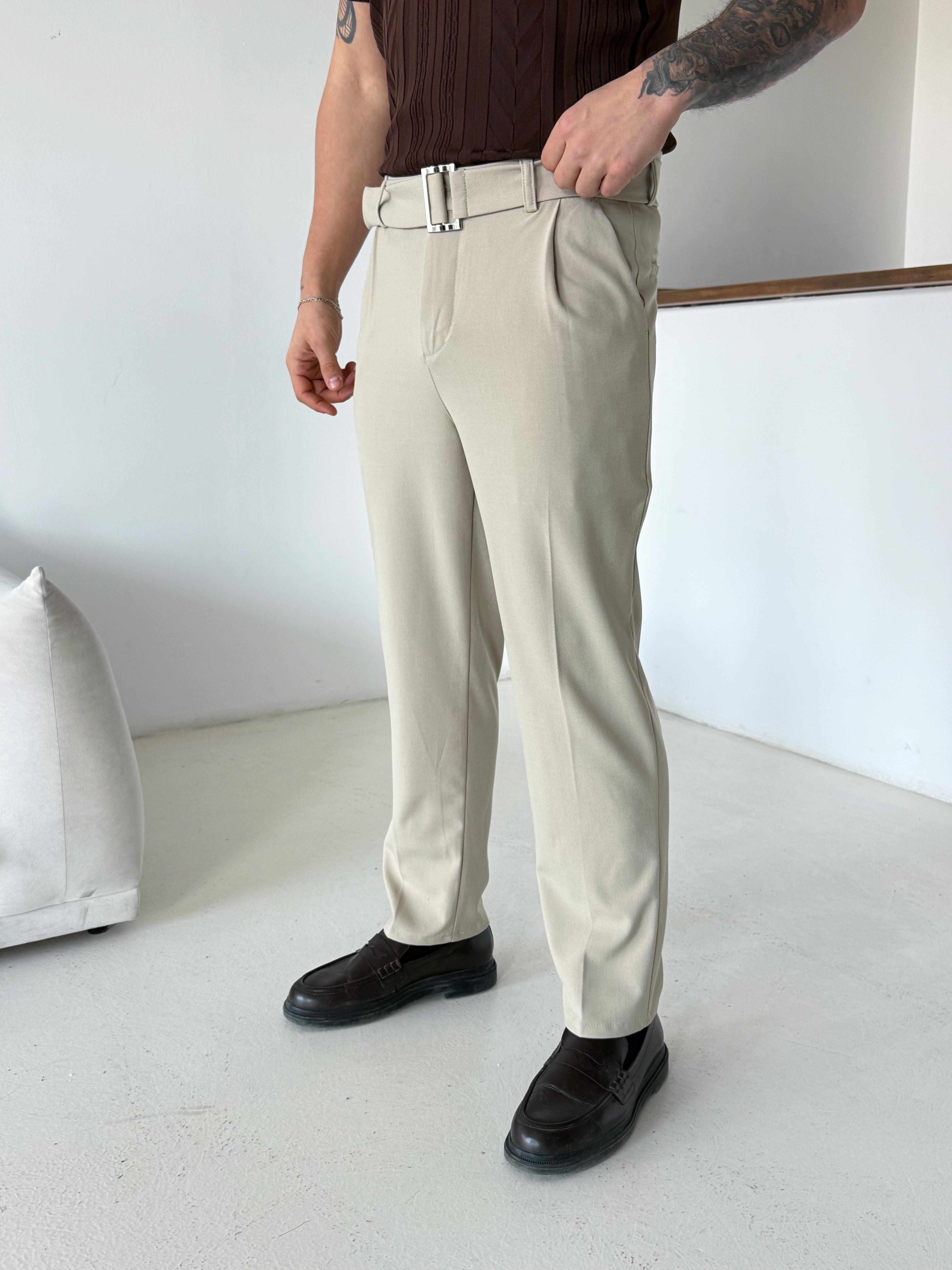 Bej Kendi Kemerli Regular Fit Bezayağı Kumaş Pant N1344