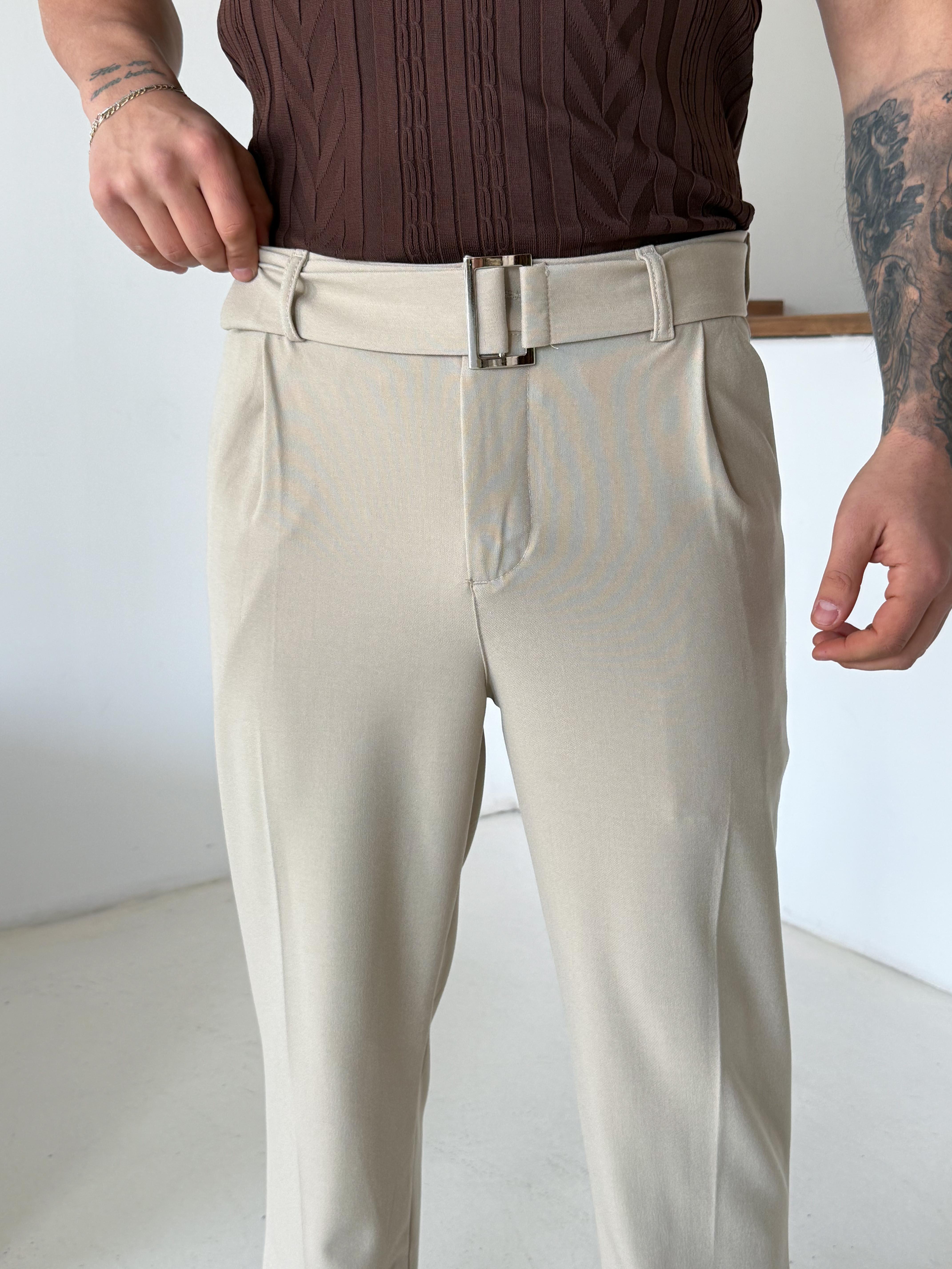 Bej Kendi Kemerli Regular Fit Bezayağı Kumaş Pant N1344