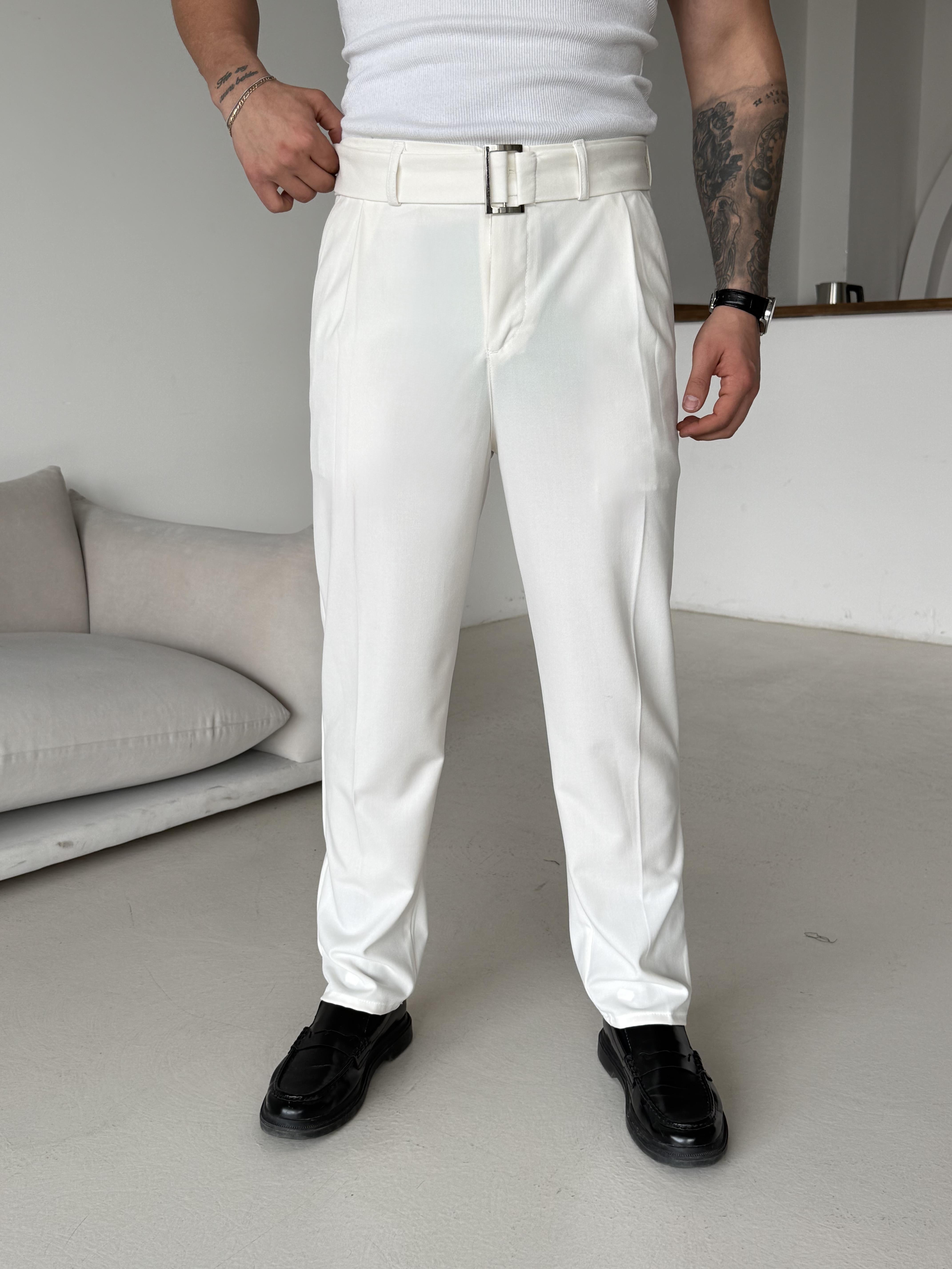 Ekru Kendi Kemerli Regular Fit Bezayağı Kumaş Pant N1344