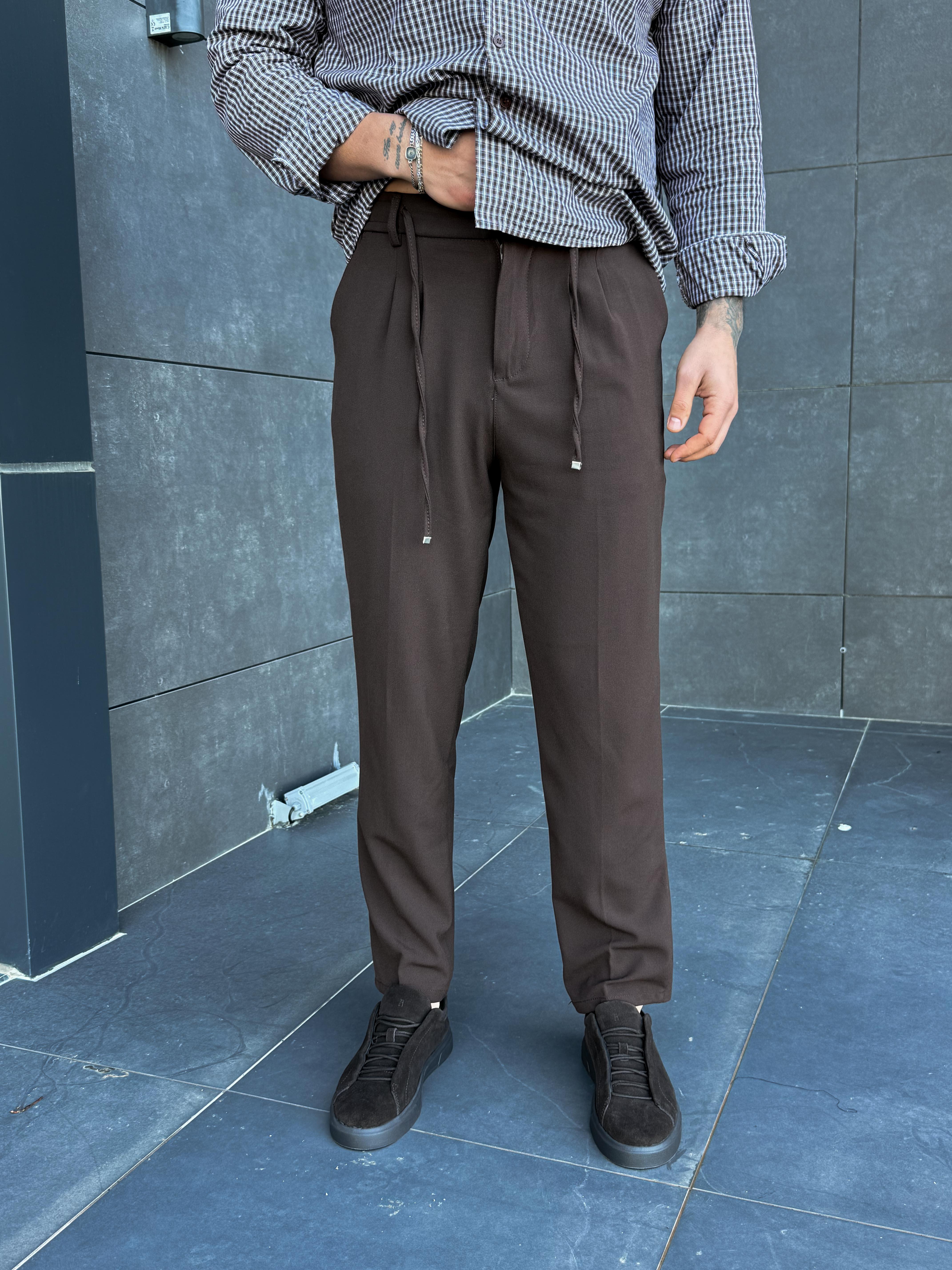 Kahve Lastikli Bağcıklı Pamuk Bezayağı Regular Fit Kumaş Pant snz 1265