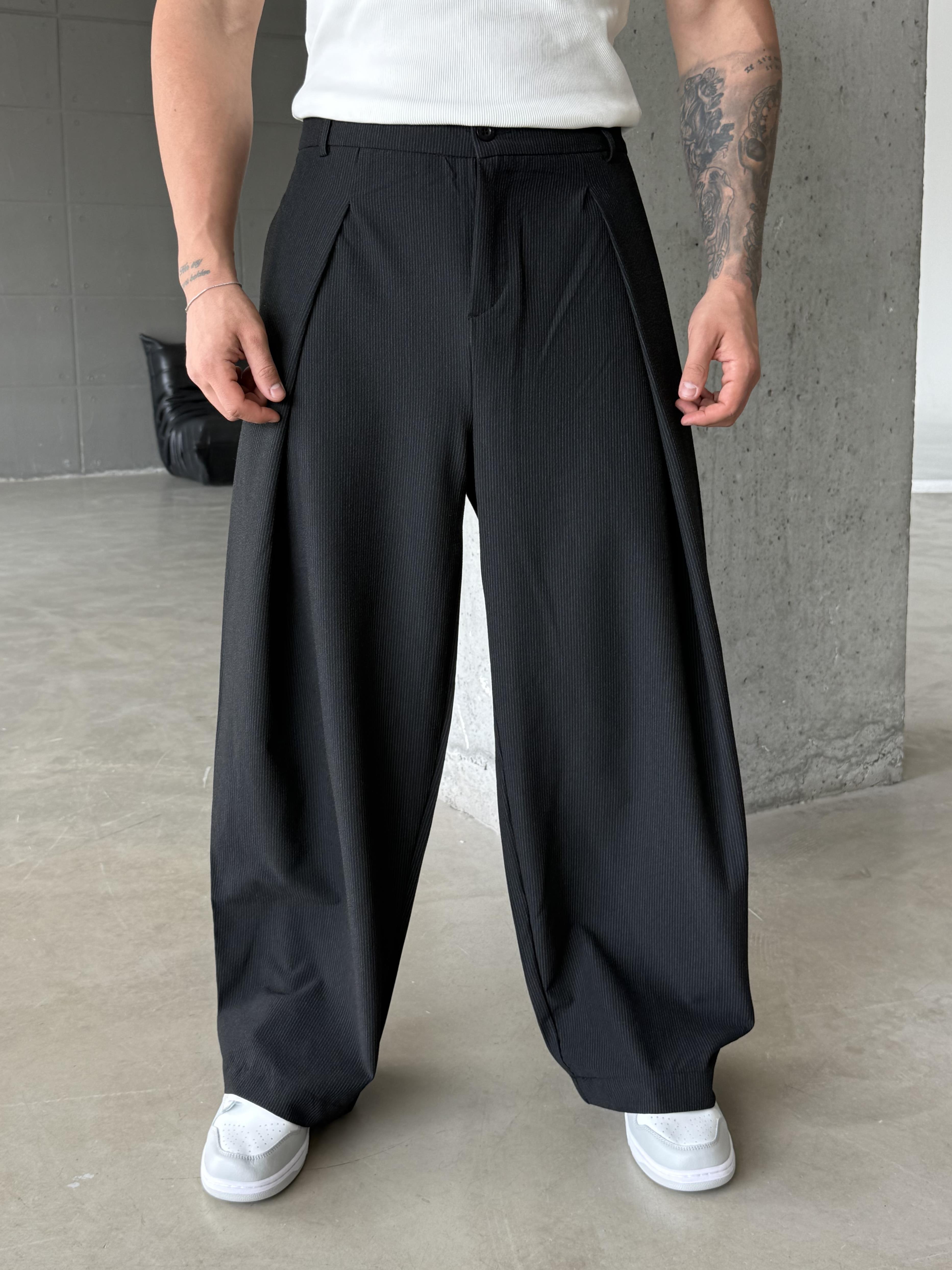 Siyah Kore Kalıp Çizgili Kumaş Pantalon SNZ 1455