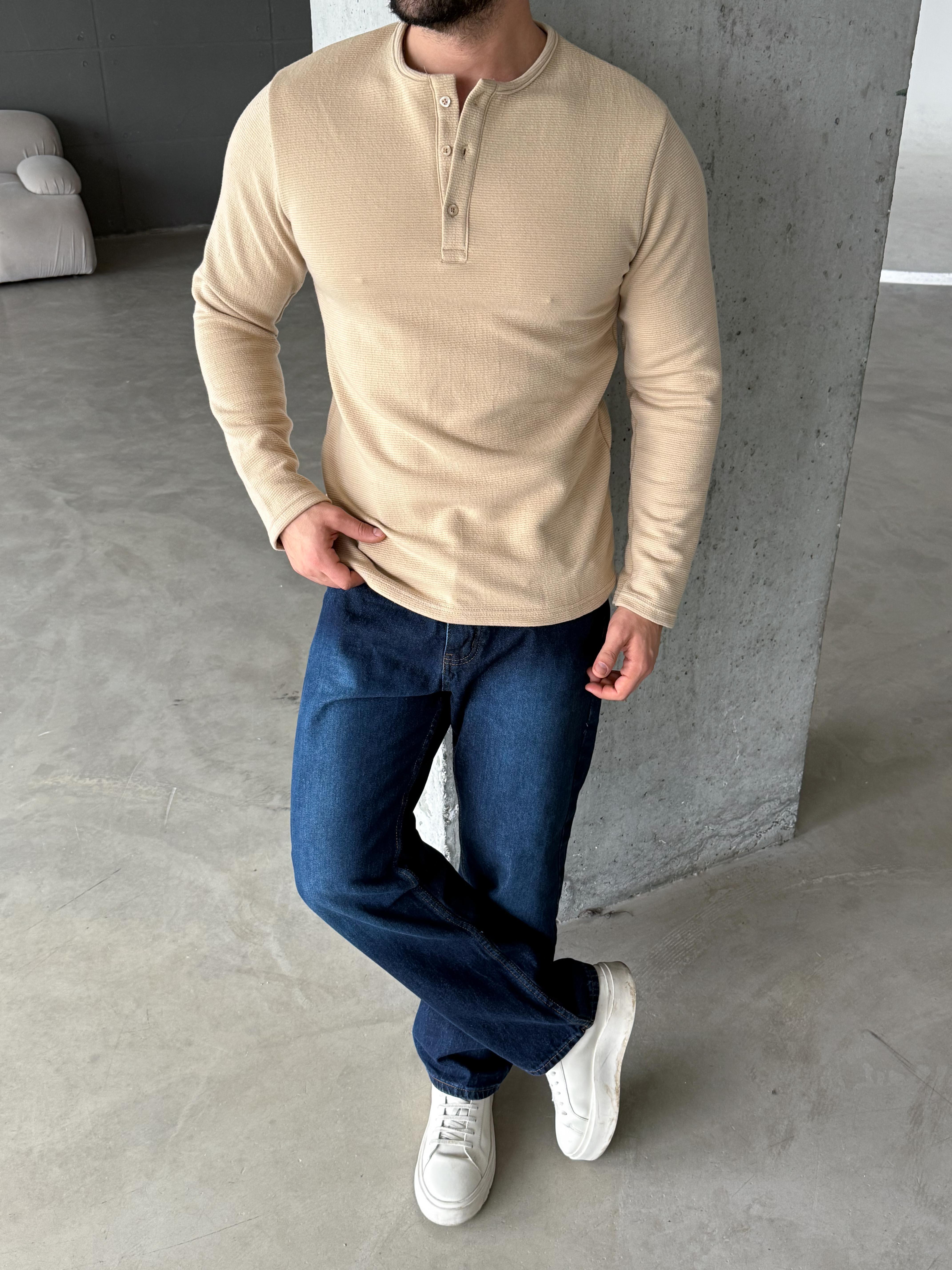 Krem 3 Düğme Detaylı Triko SC