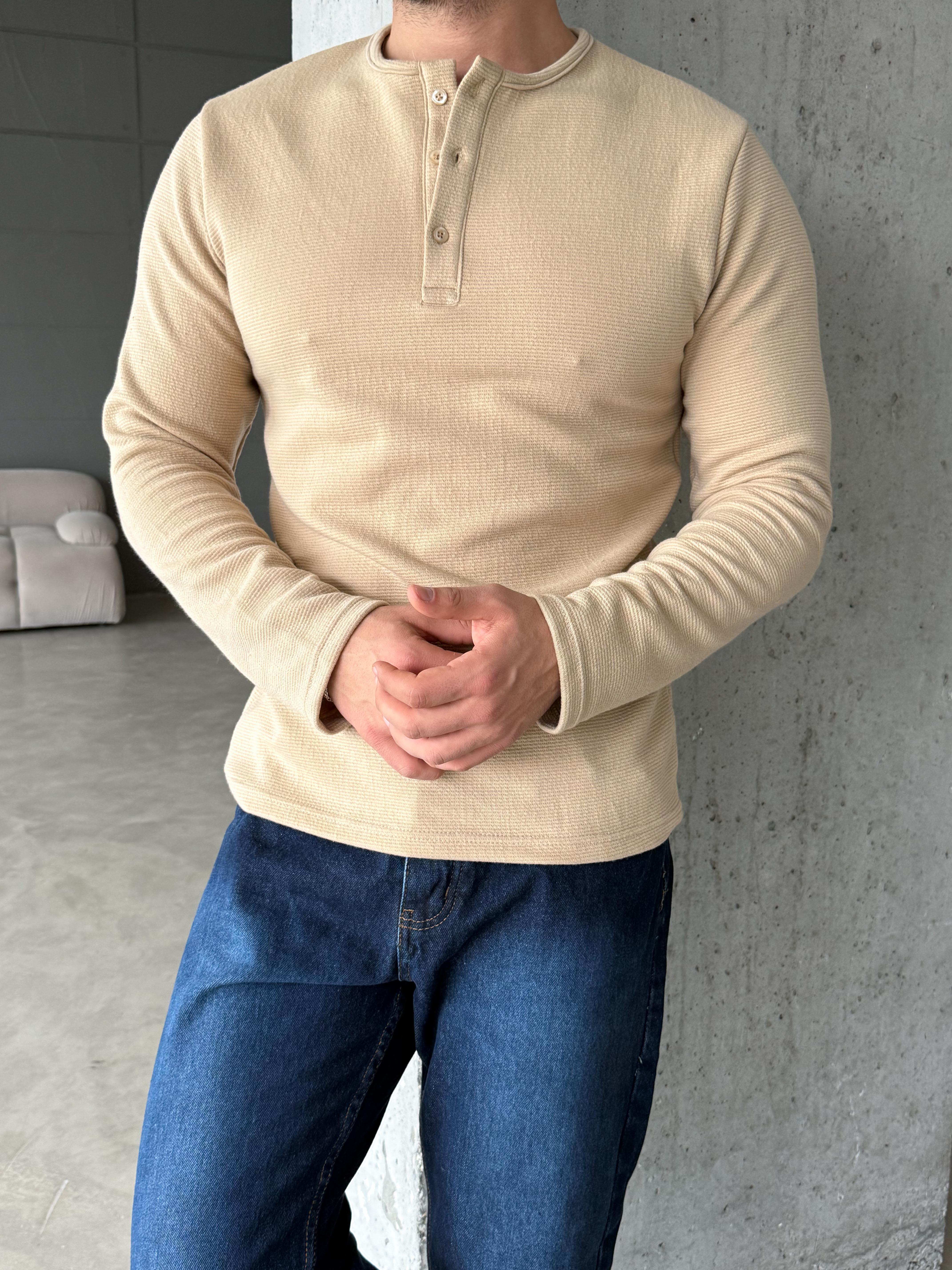 Krem 3 Düğme Detaylı Triko SC