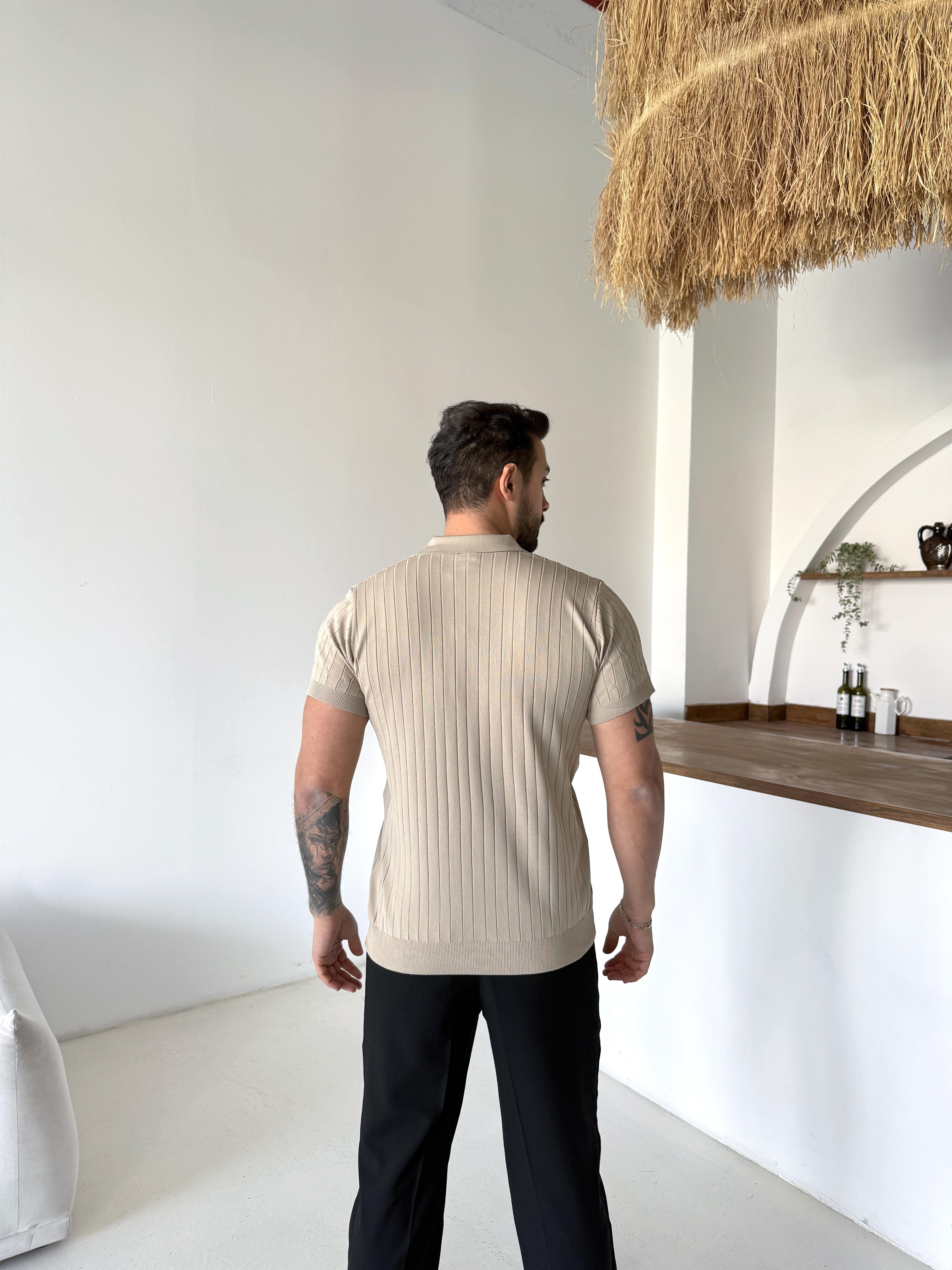 Bej Saç Örgü Fermuarlı Triko TK