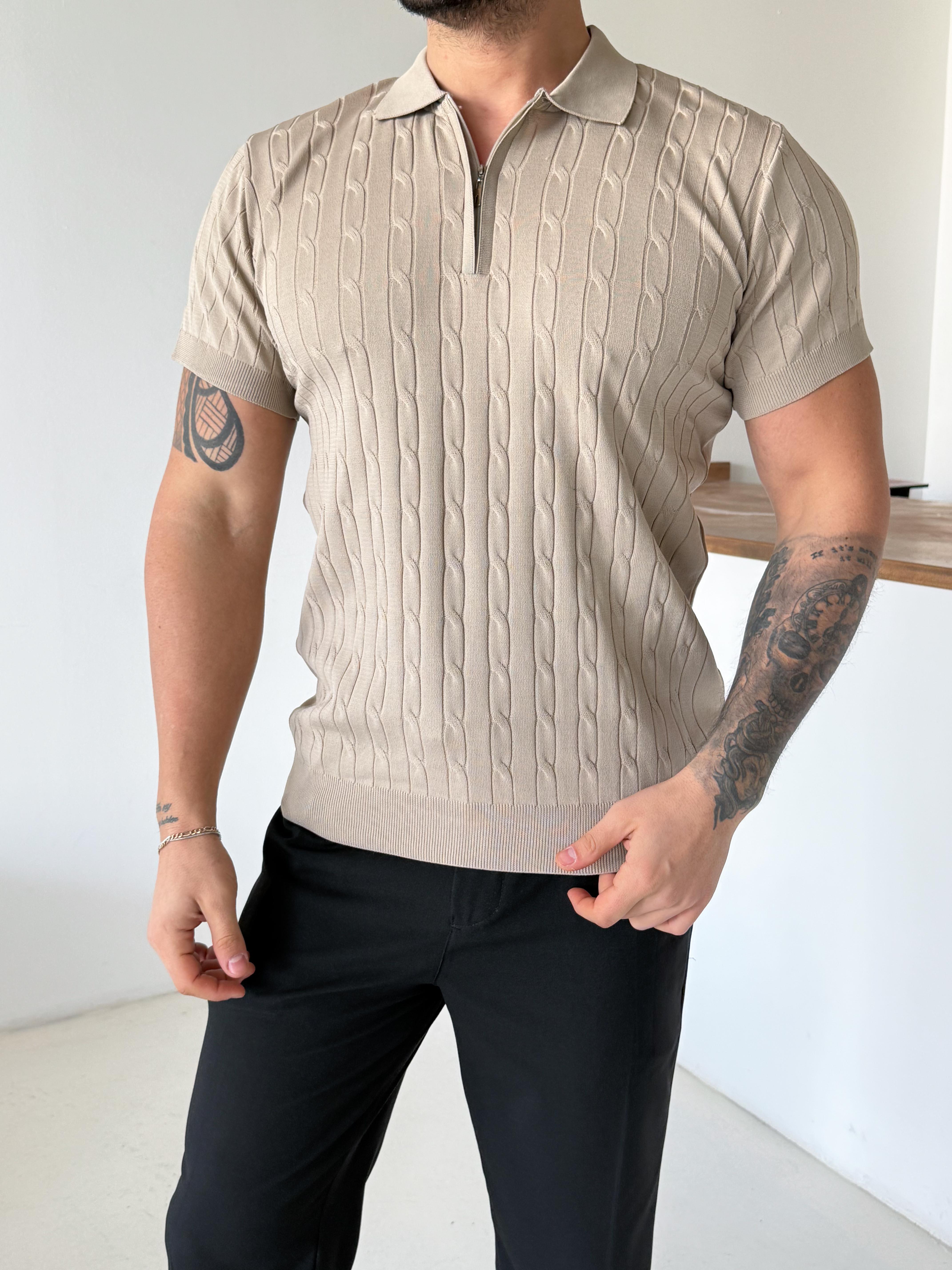 Bej Saç Örgü Fermuarlı Triko TK