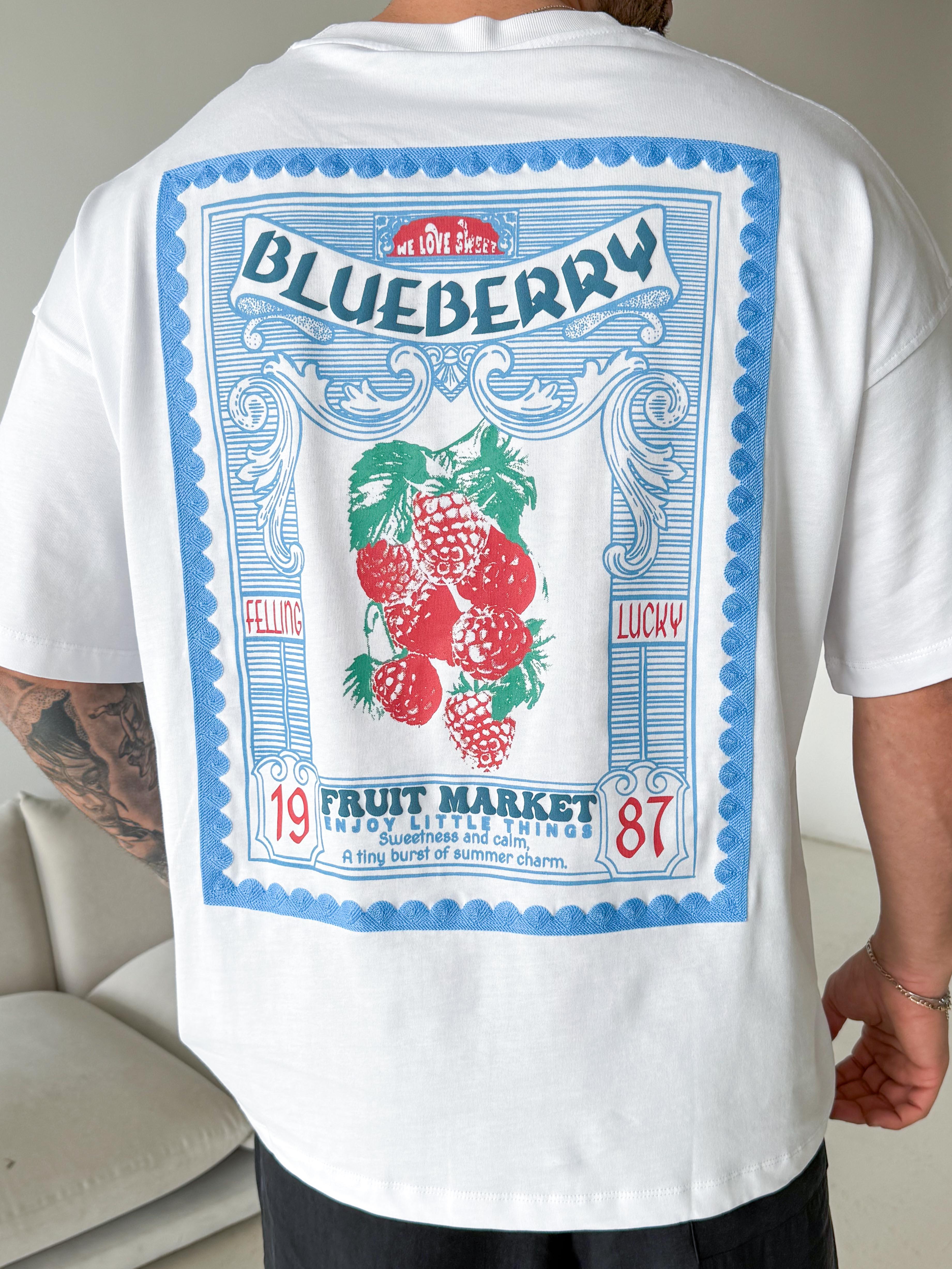 Beyaz Blueberry Baskılı Pamuk Tişört JJ  Y126