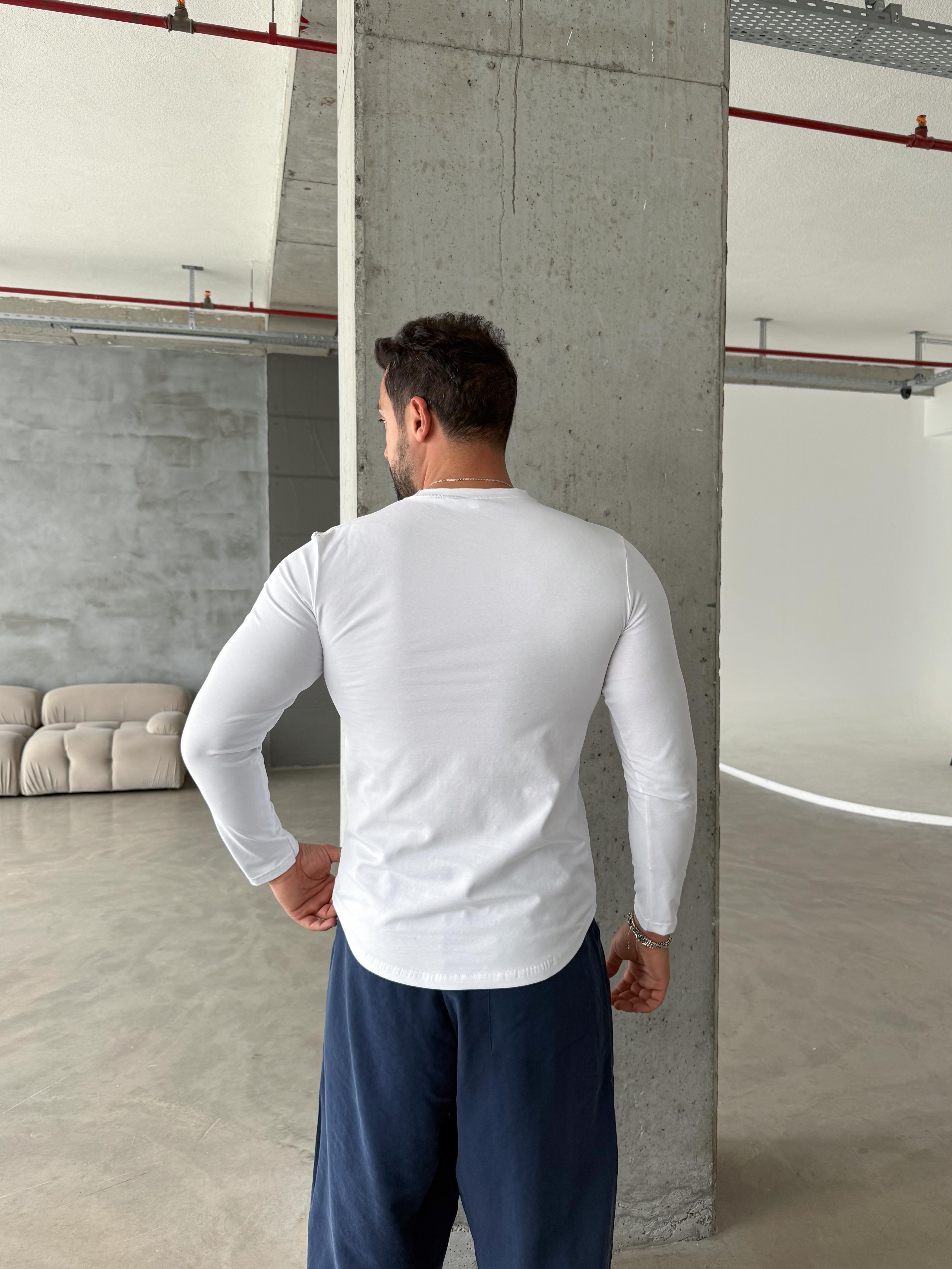 Beyaz Penye Pamuk Basic Uzun Kol T-shirt SC