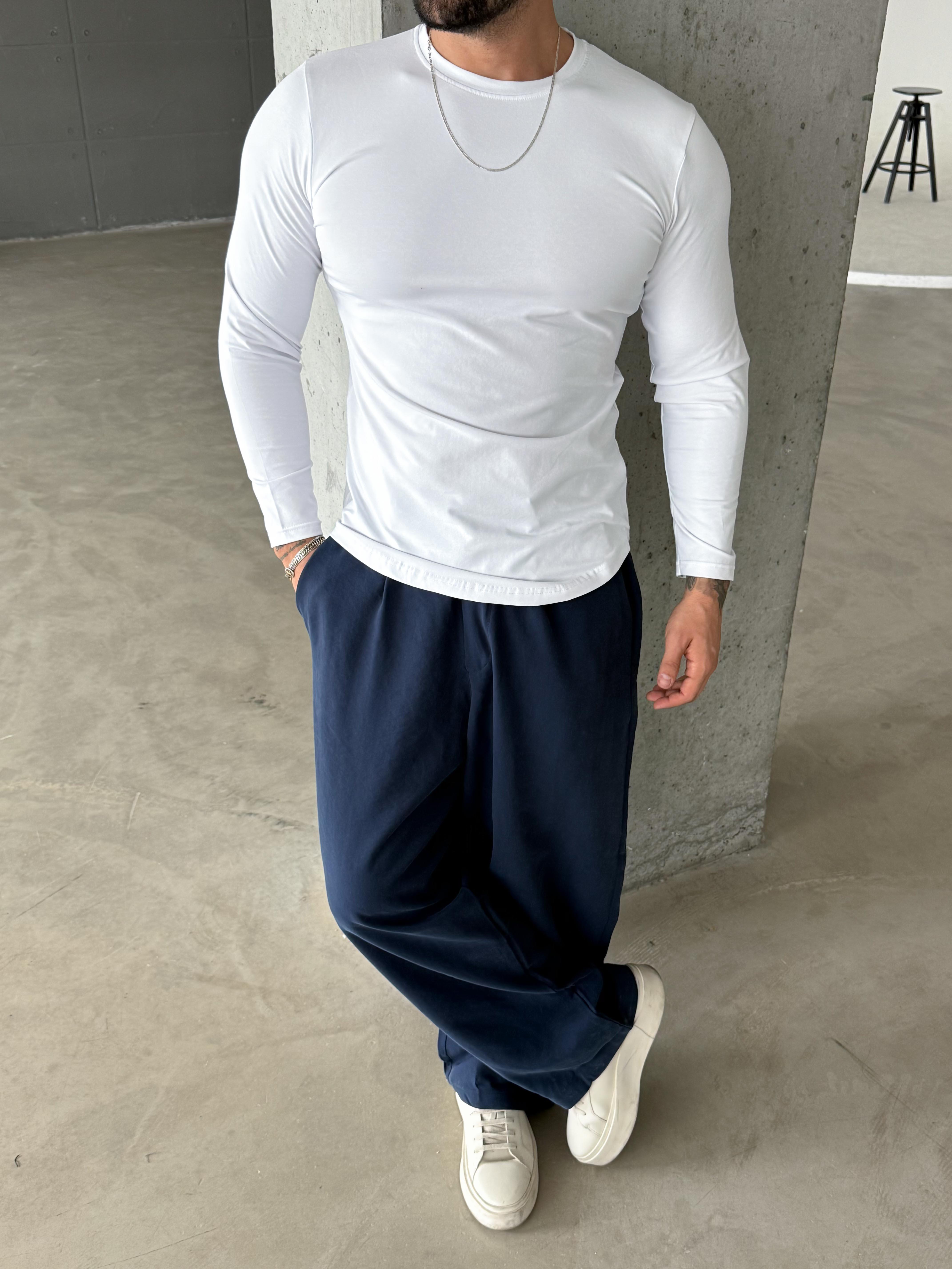 Beyaz Penye Pamuk Basic Uzun Kol T-shirt SC