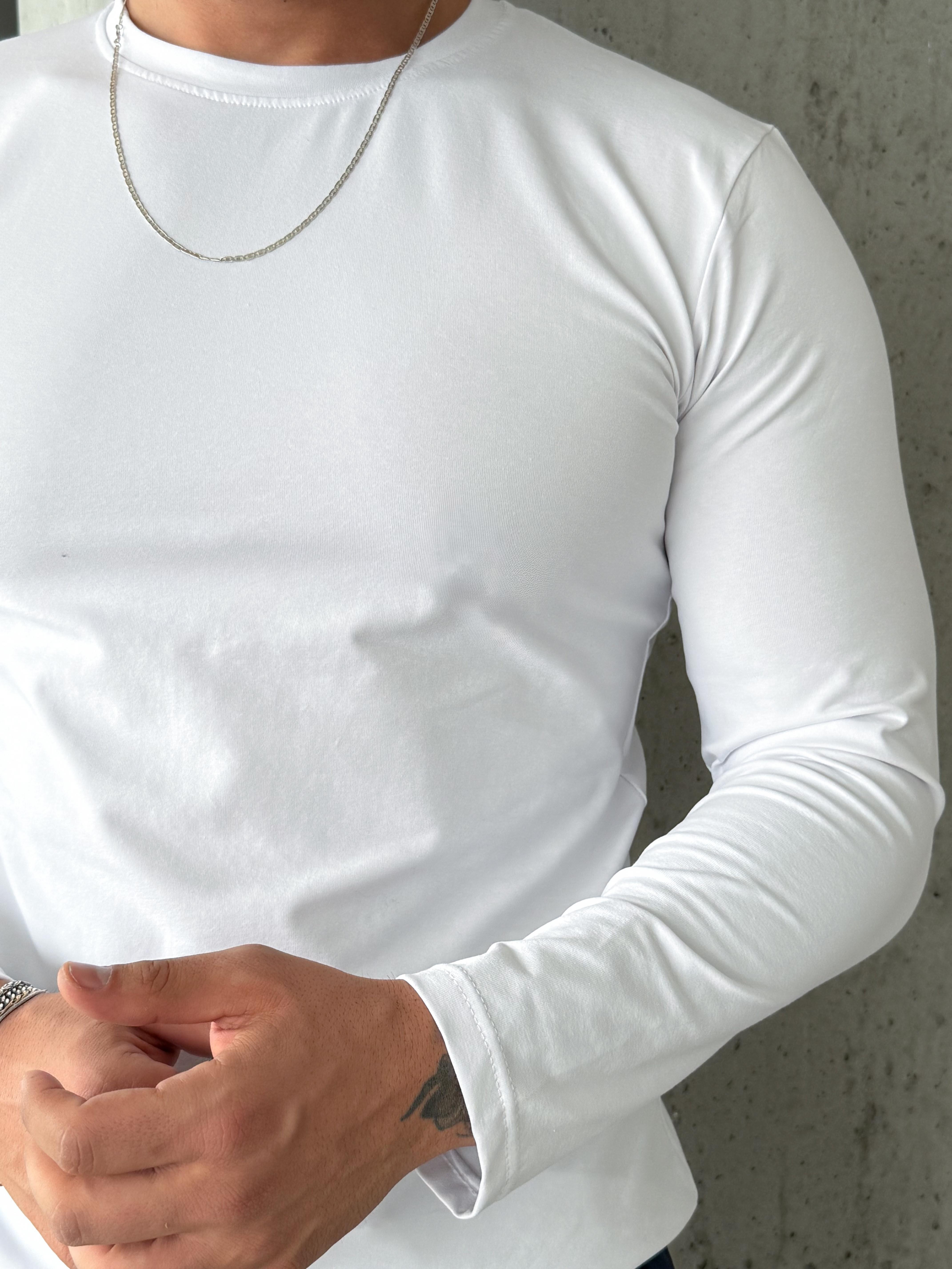 Beyaz Penye Pamuk Basic Uzun Kol T-shirt SC