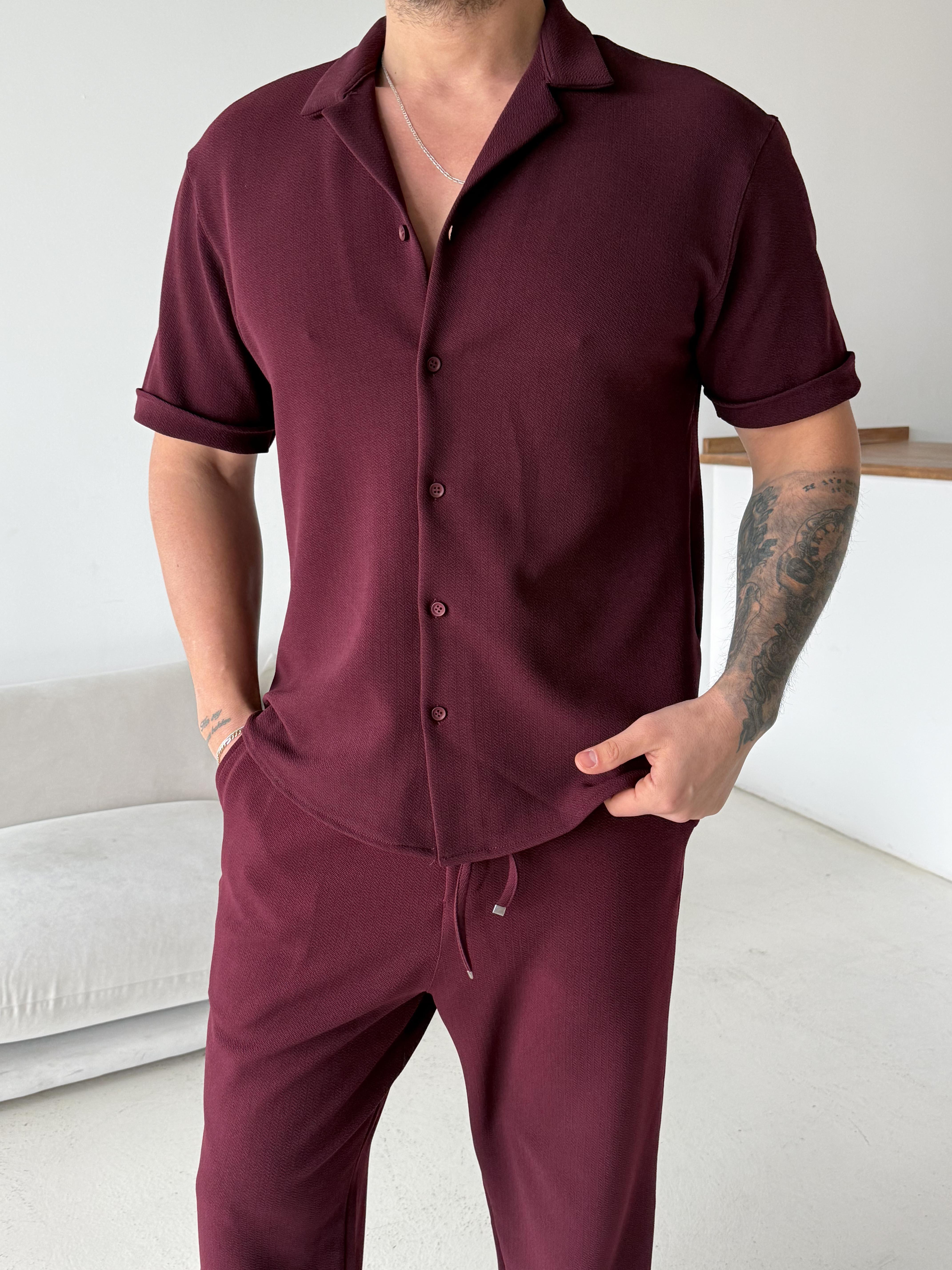 Bordo Gramajlı Crep Kısa Kol Gömlek 19200 LNS