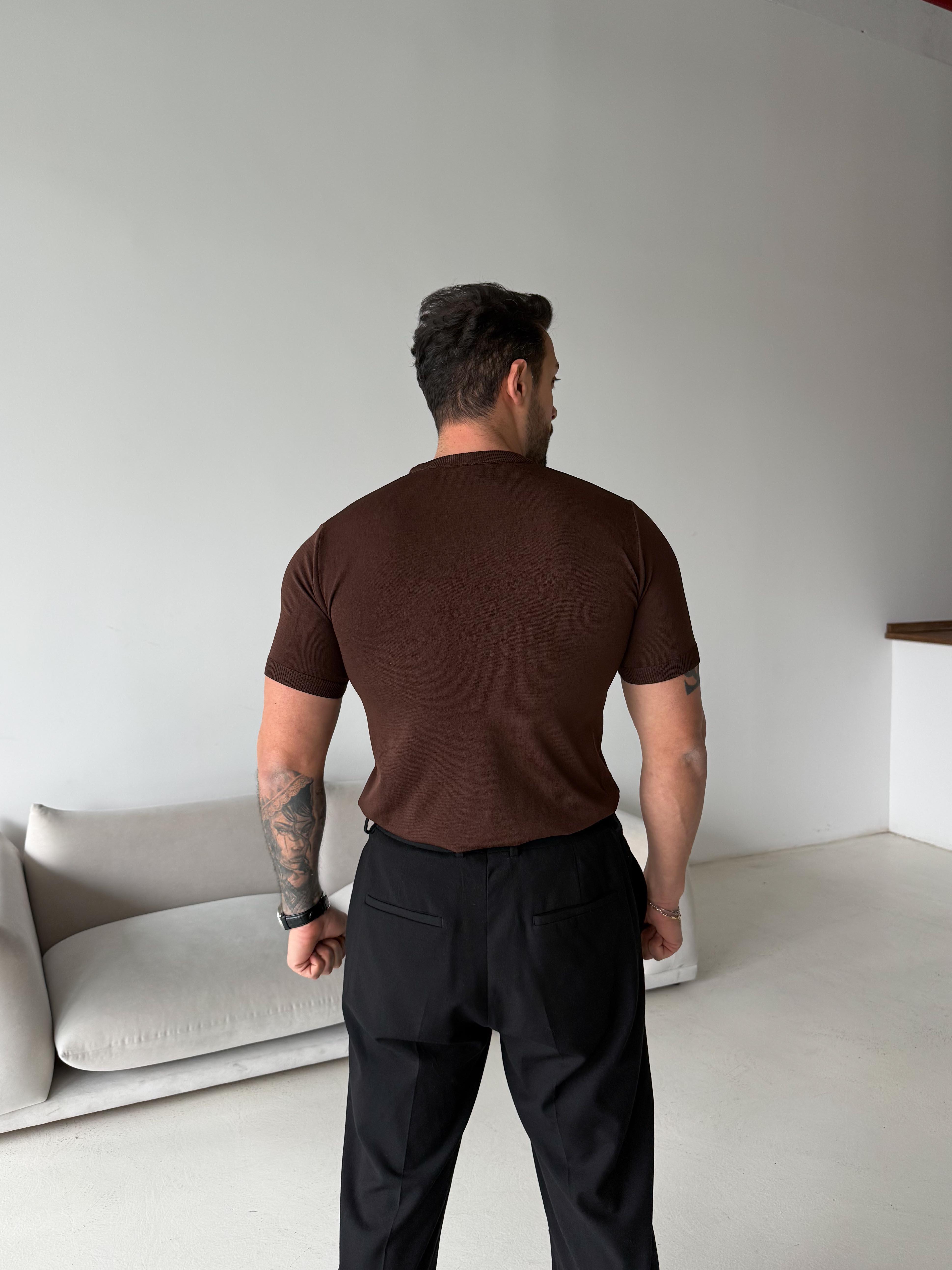 Kahve Düz Detaysız Triko Tişört TK