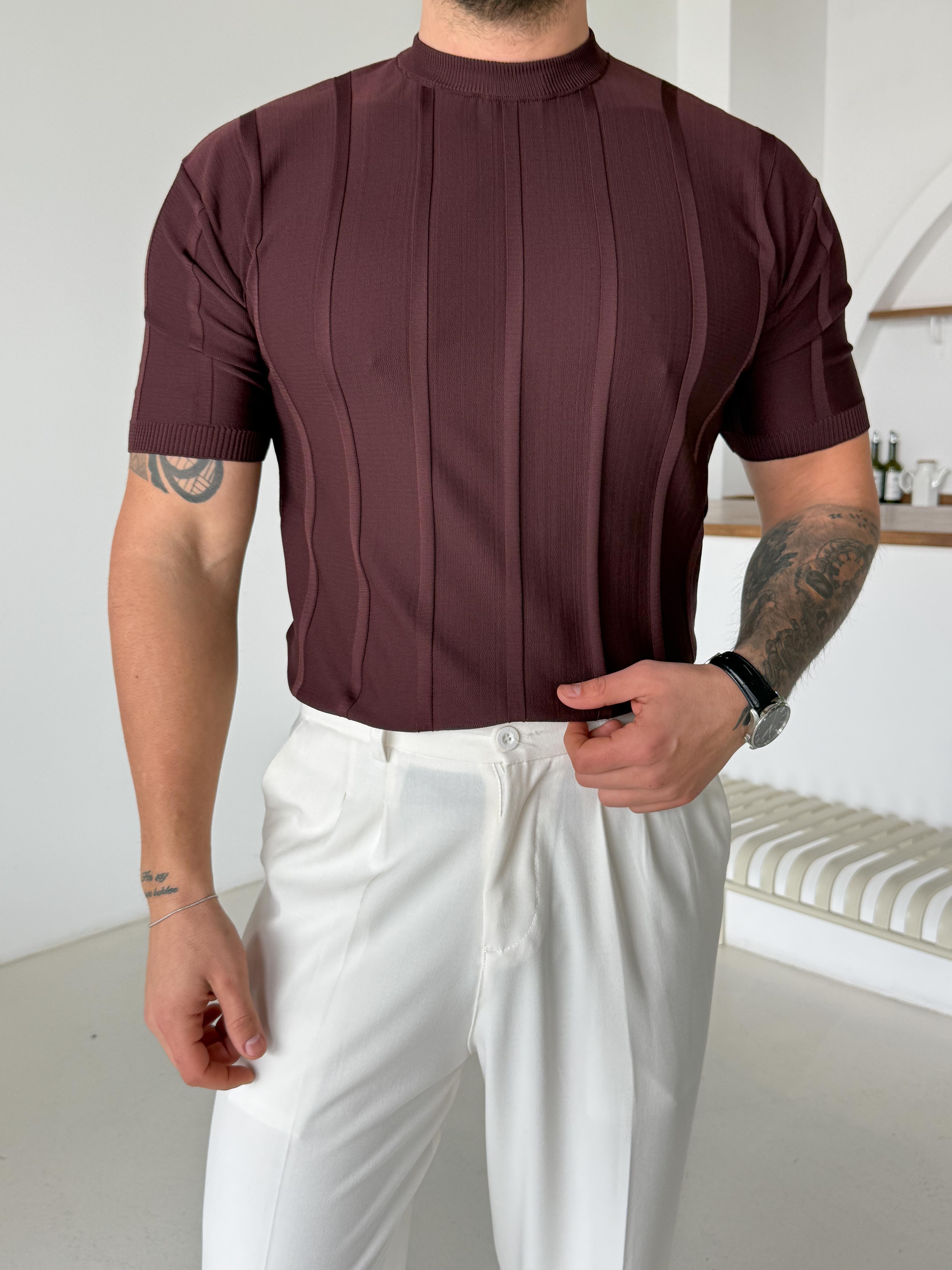 Kahve Fitilli Triko Bisiklet Yaka TK