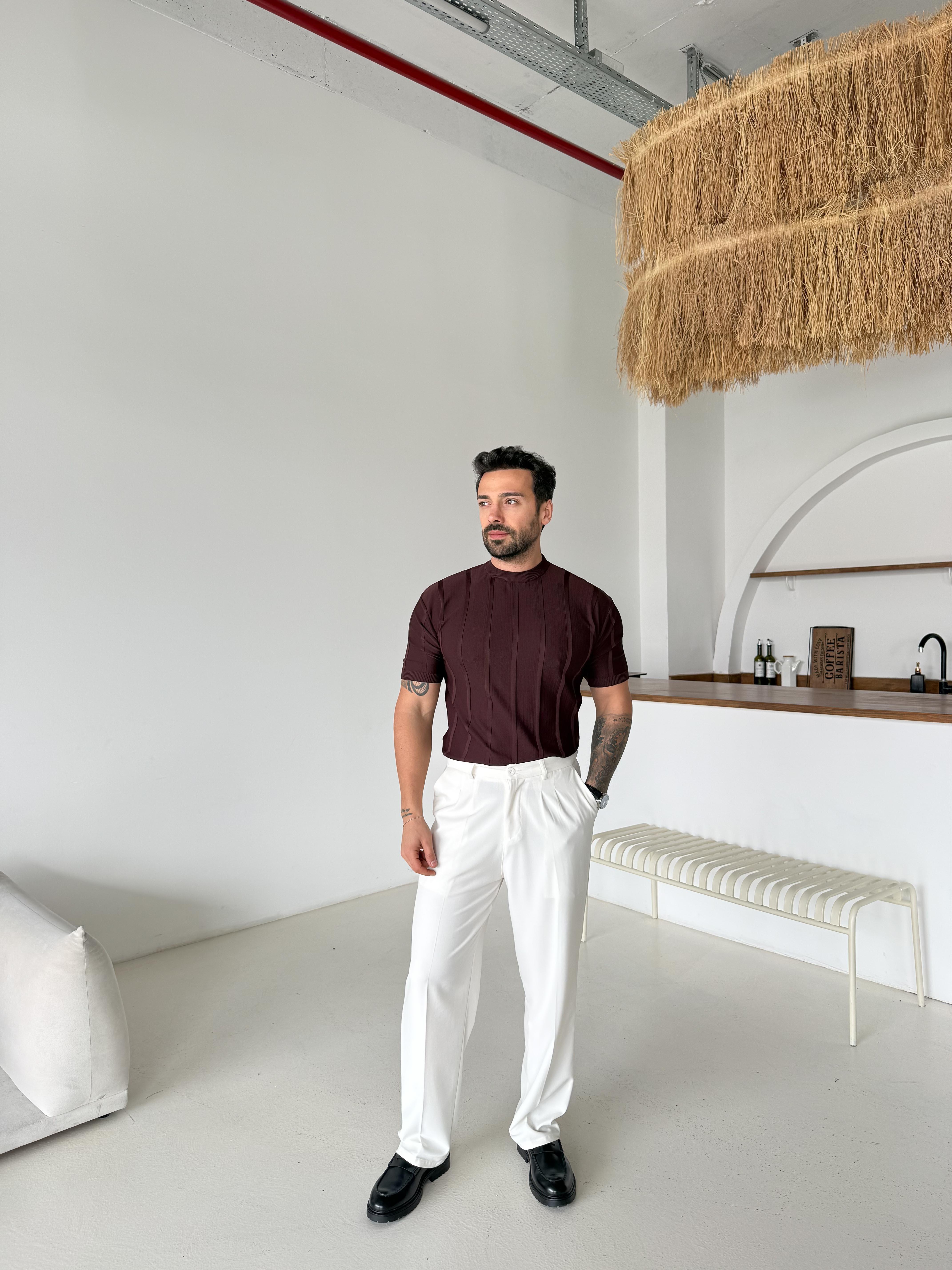 Kahve Fitilli Triko Bisiklet Yaka TK