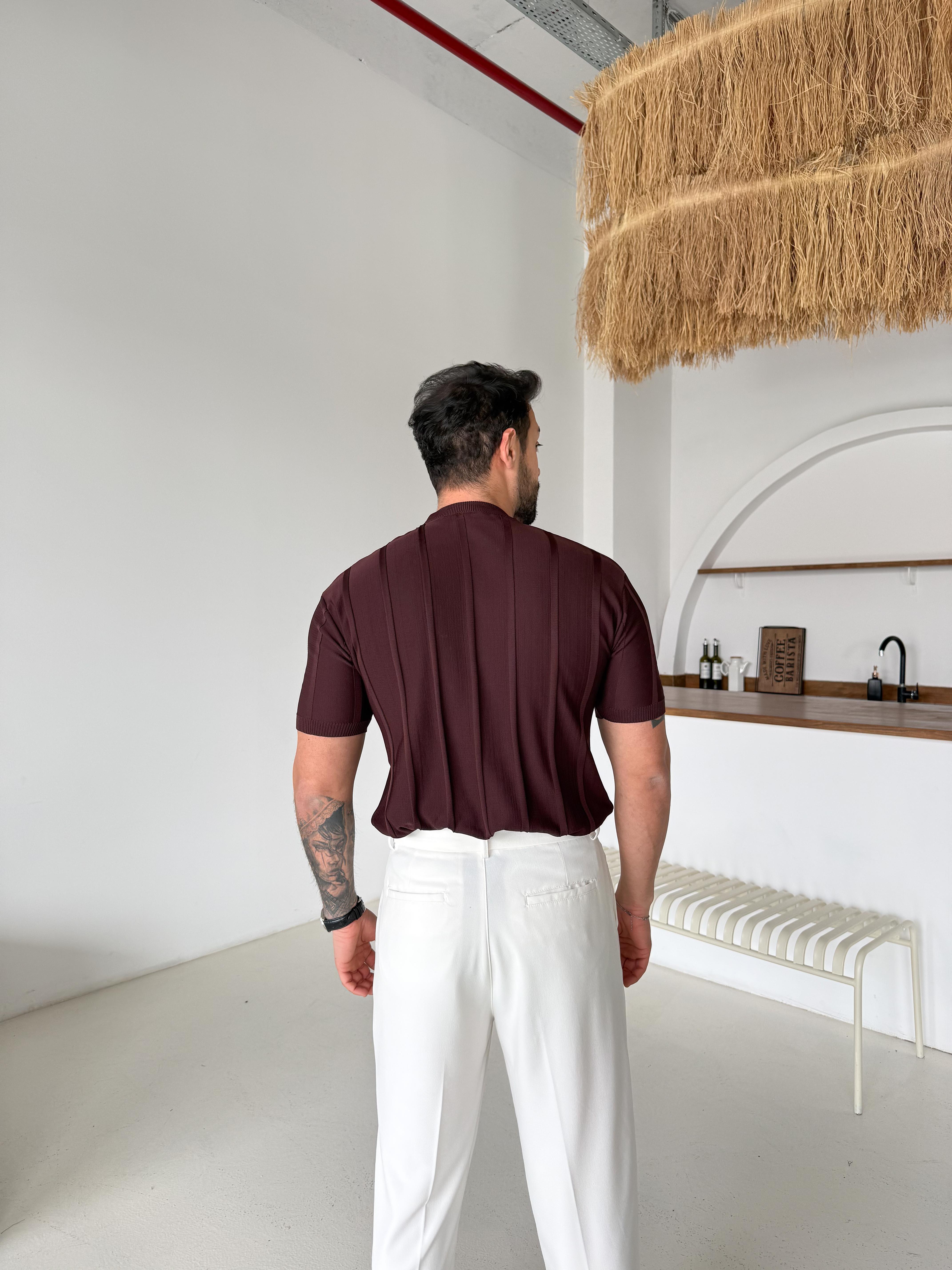 Kahve Fitilli Triko Bisiklet Yaka TK