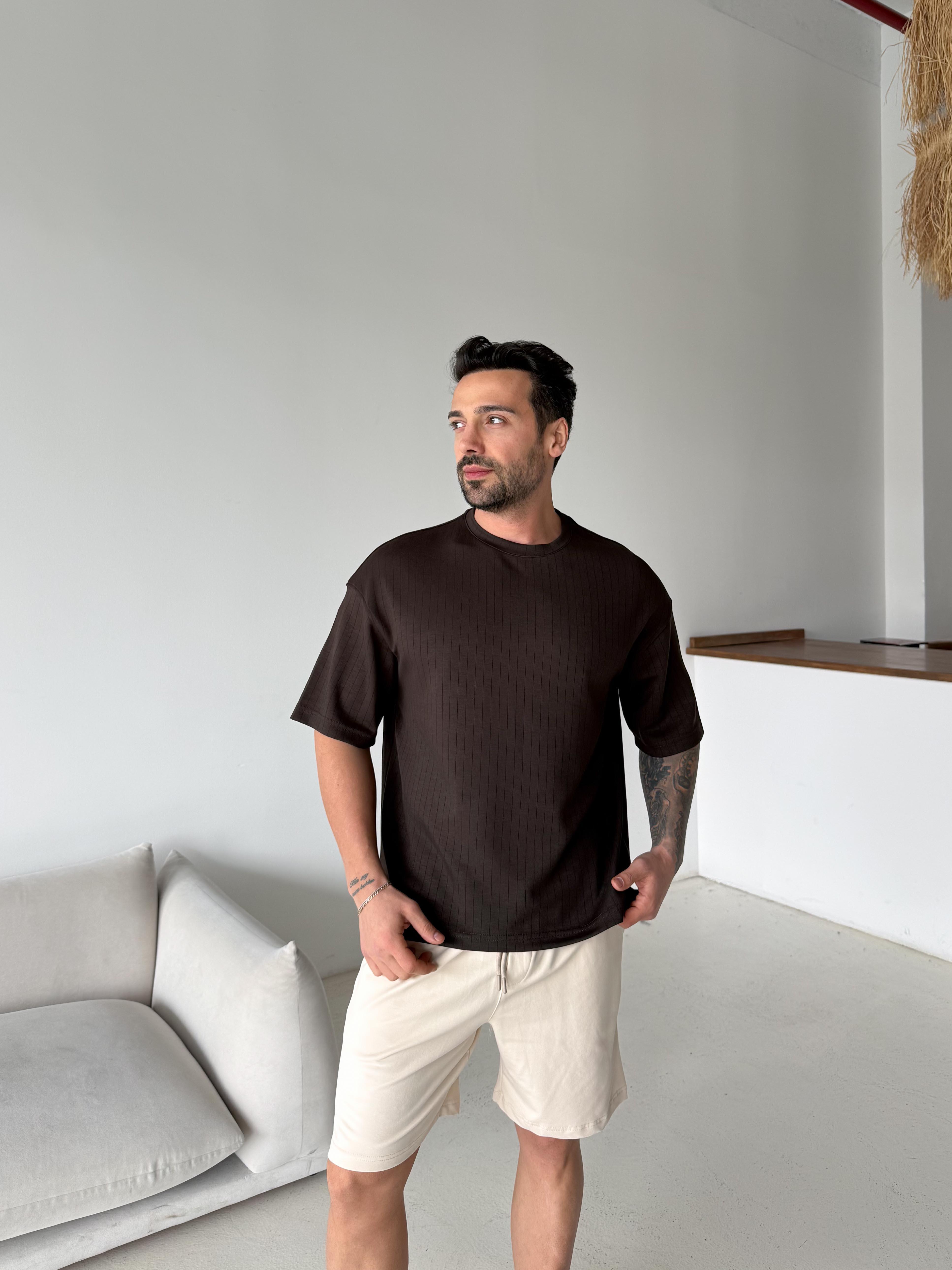 Kahve Oysho Autumn Çizgi Desen Tişört VMS V70-179