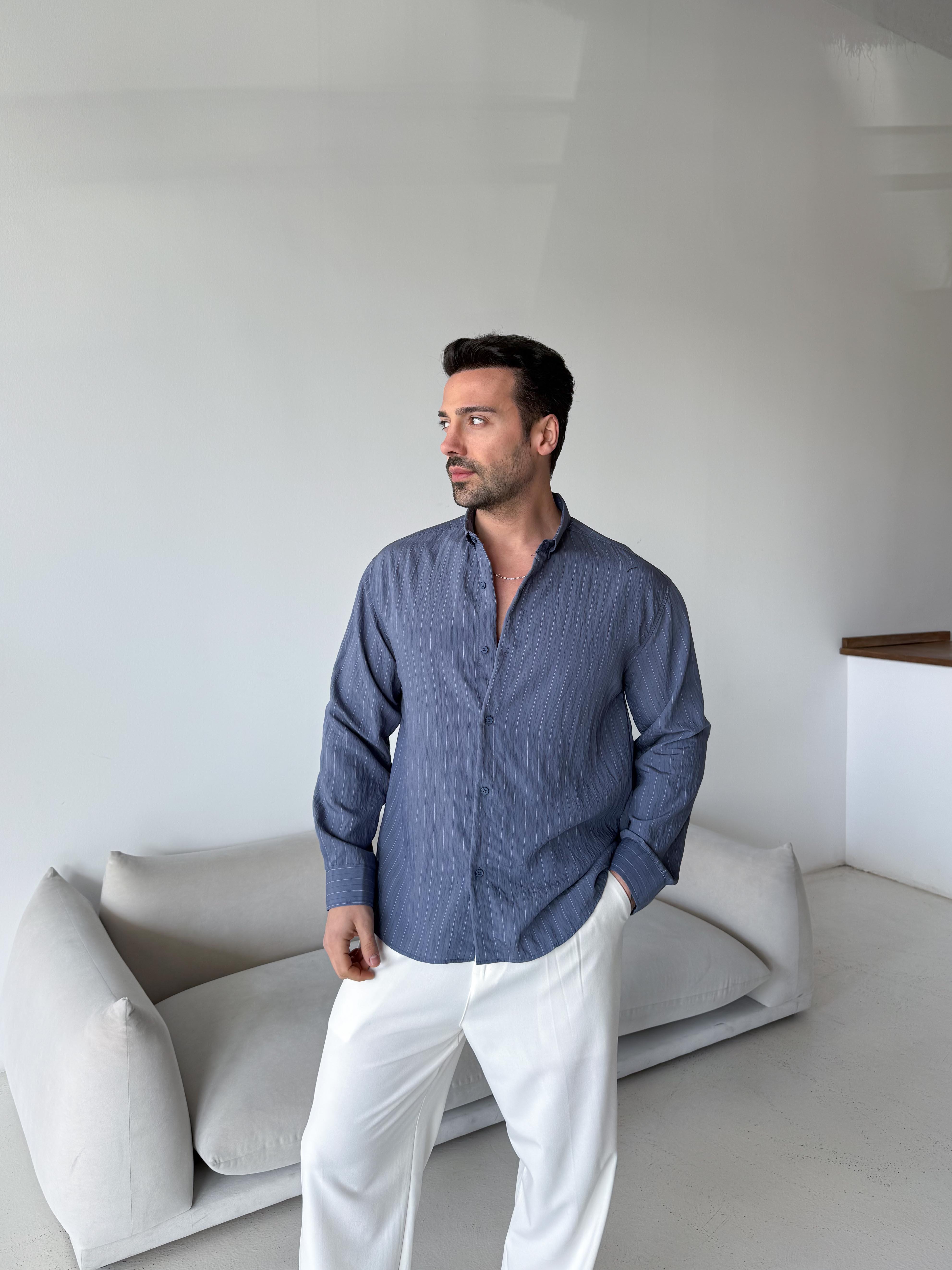Lacivert Çizgili Viskon Gömlek ESNT 4053