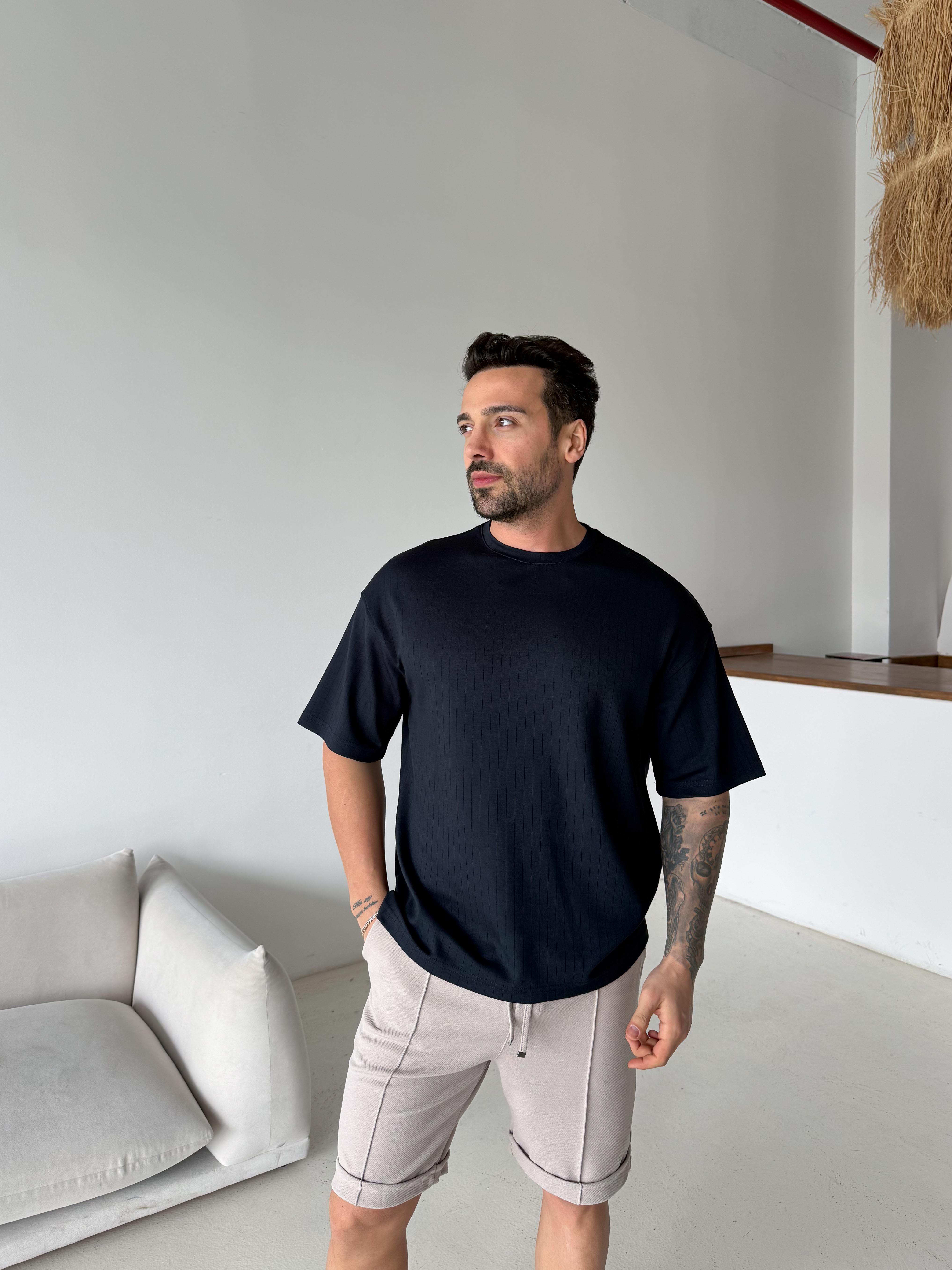 Lacivert Oysho Autumn Çizgi Desen Tişört VMS V70-179