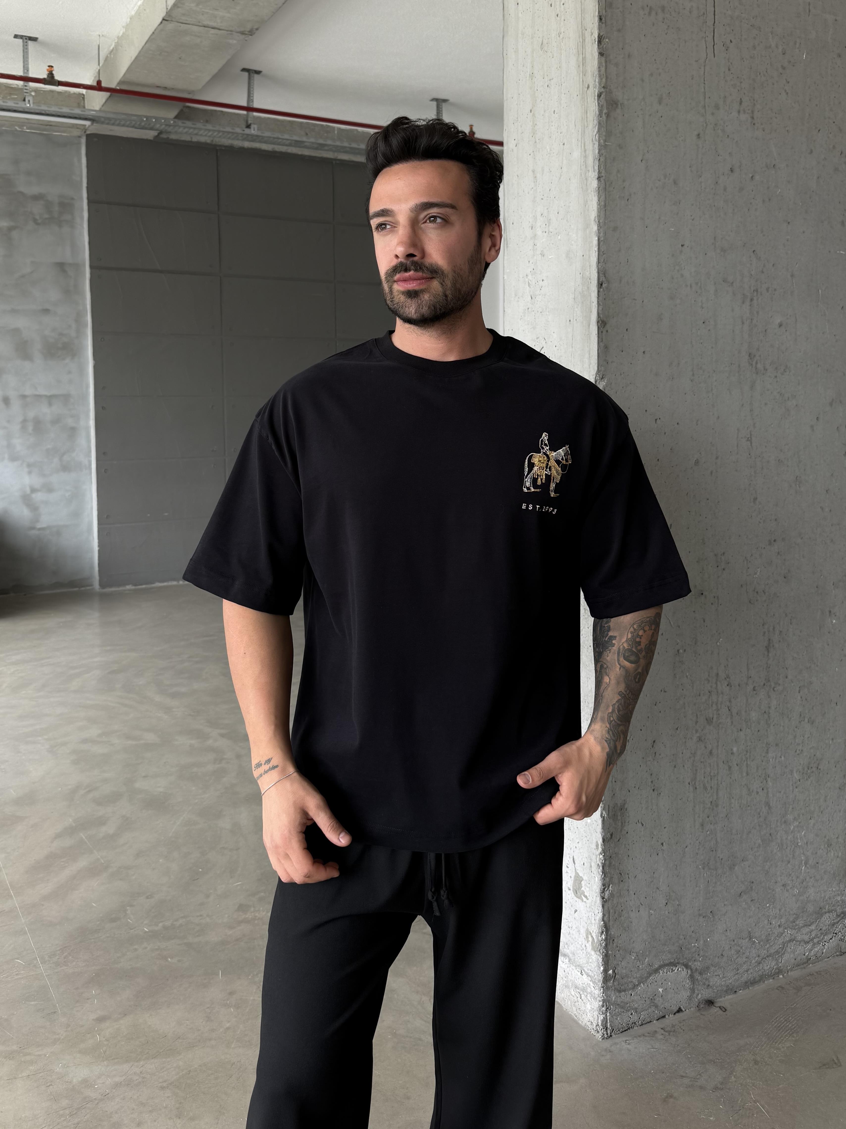 Siyah Fırçalı Minimalist Ön At Nakış Tişört PLZ 26184