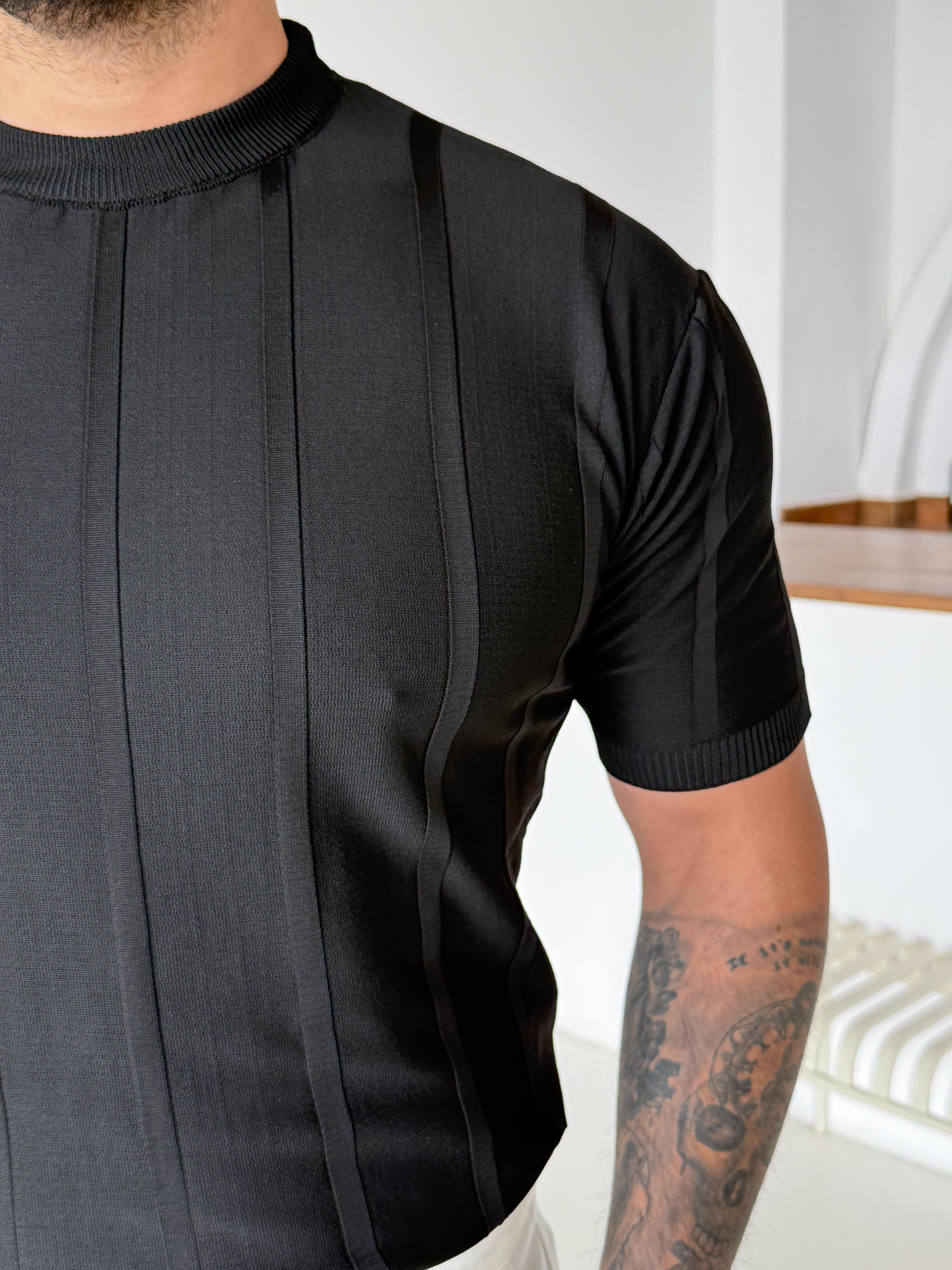 Siyah Fitilli Triko Bisiklet Yaka TK