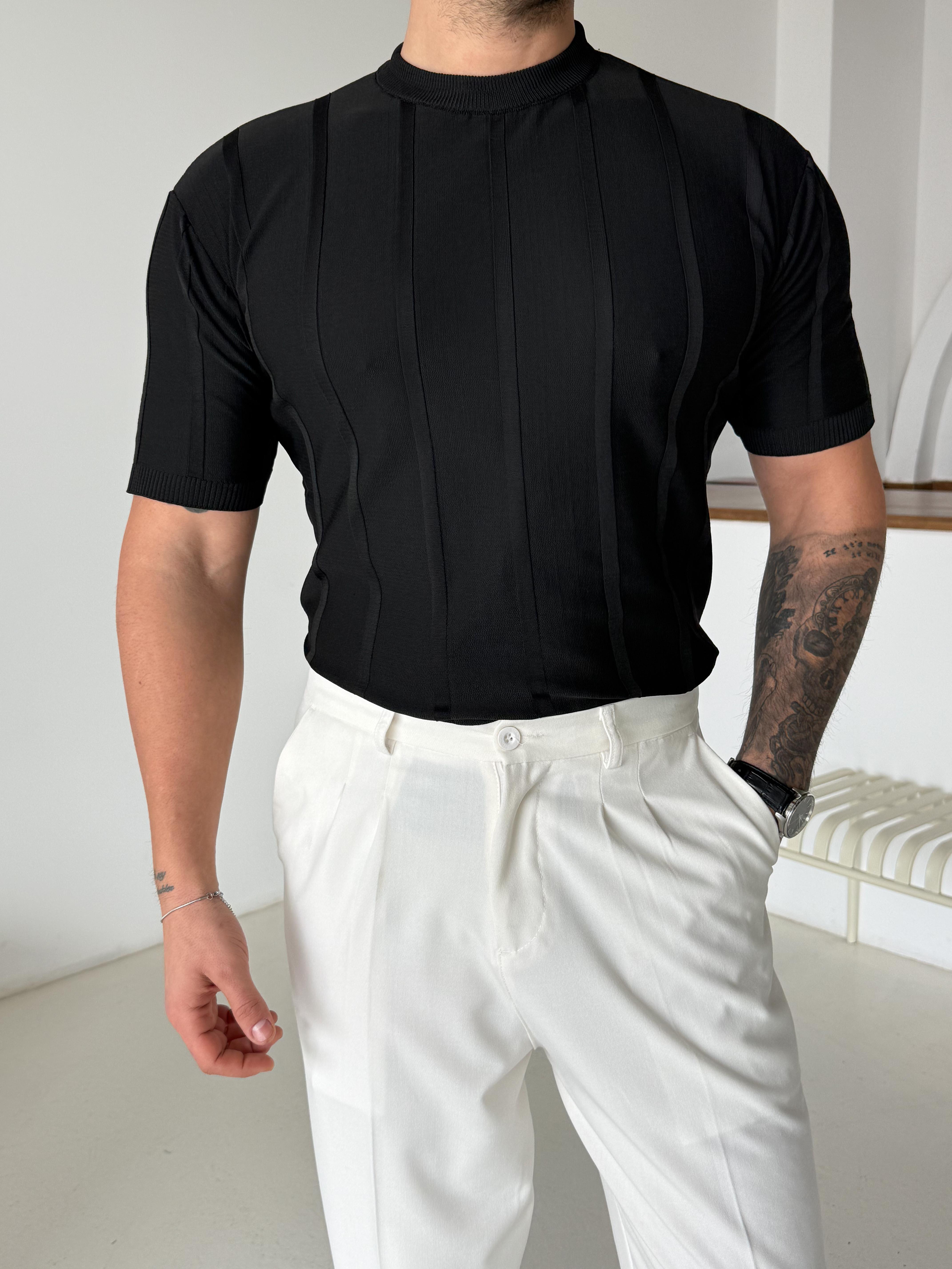 Siyah Fitilli Triko Bisiklet Yaka TK