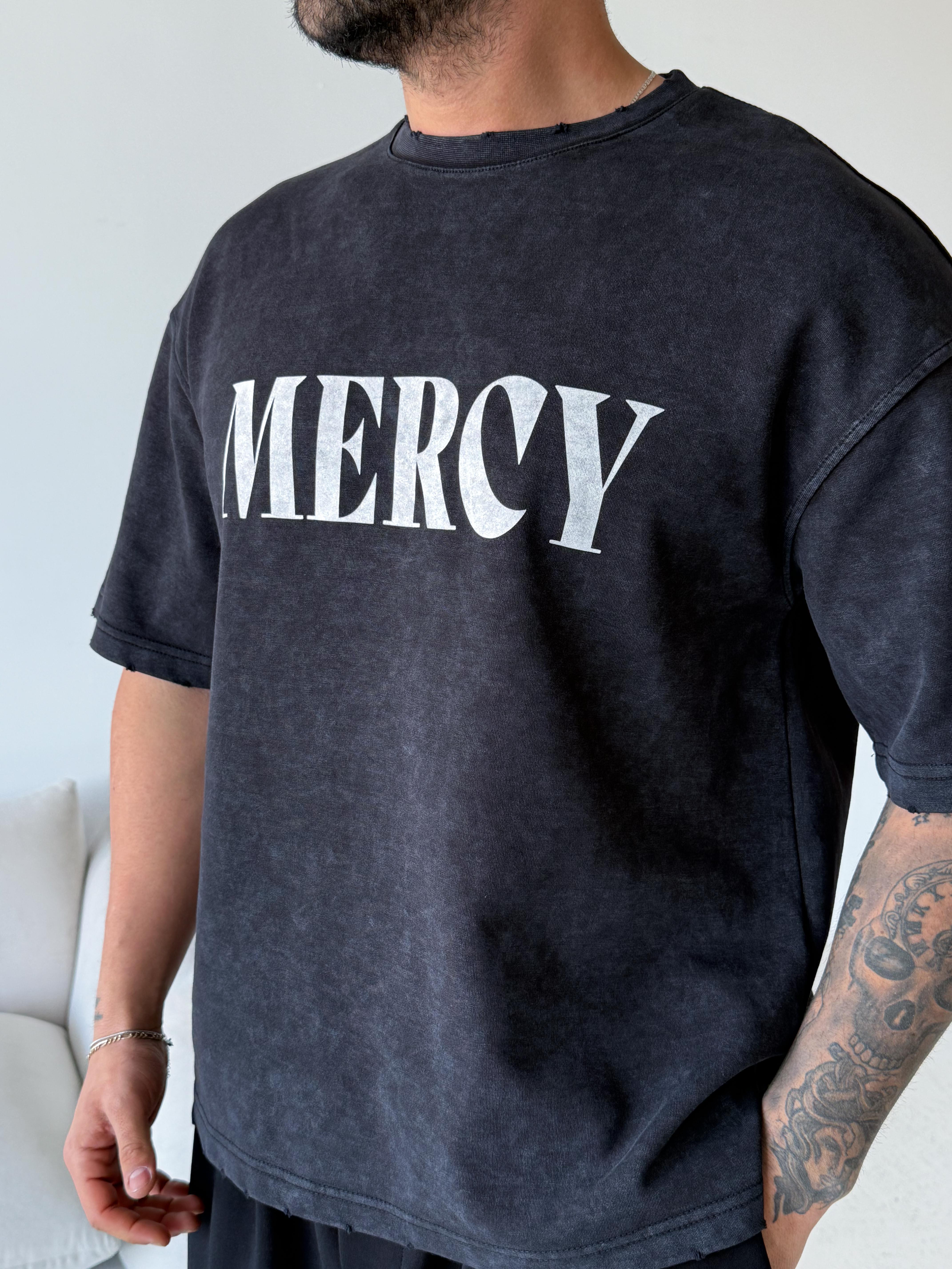 Siyah Mercy Baskılı Yıkamalı Tişört 70140 VMS