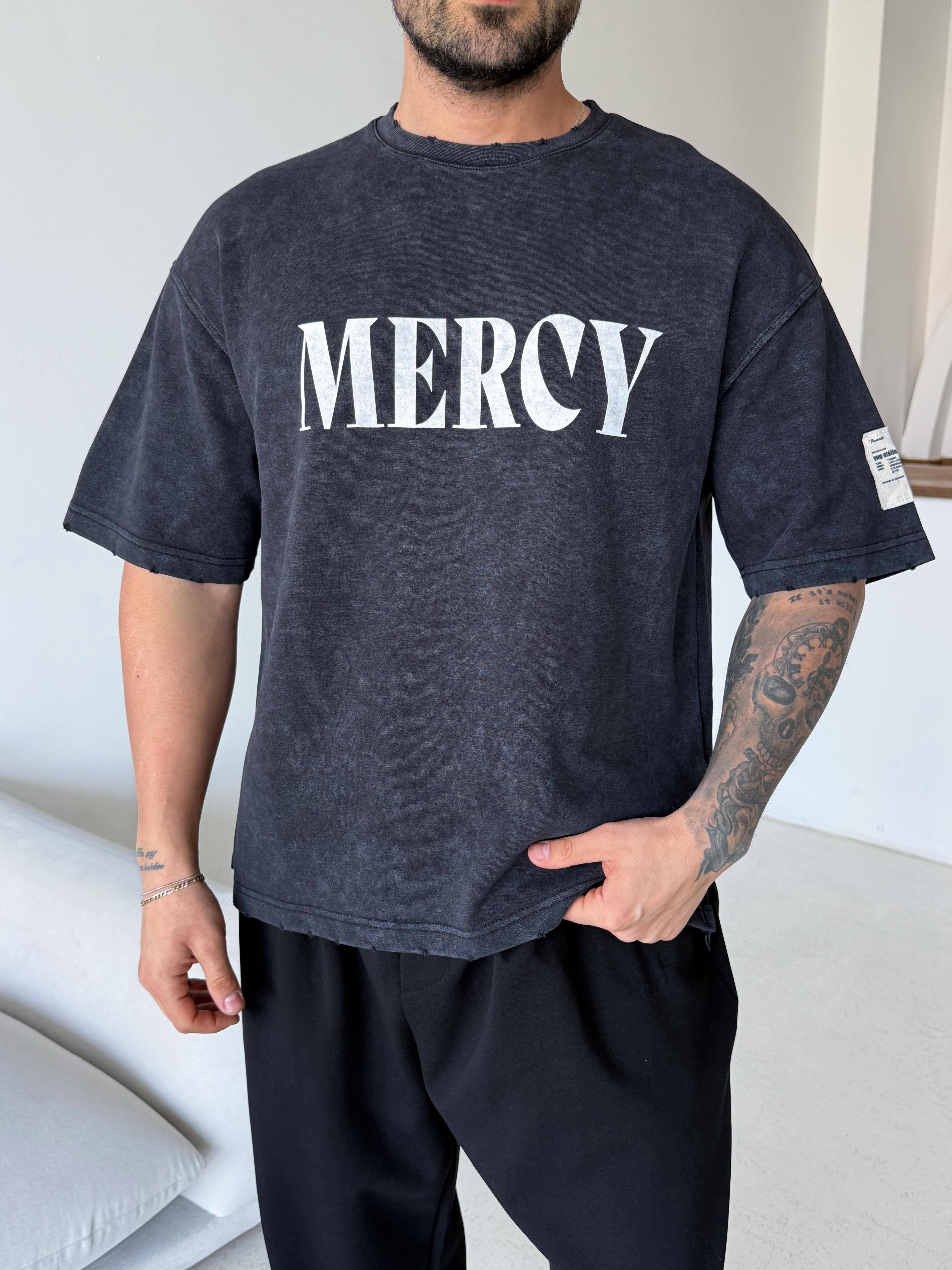 Siyah Mercy Baskılı Yıkamalı Tişört 70140 VMS