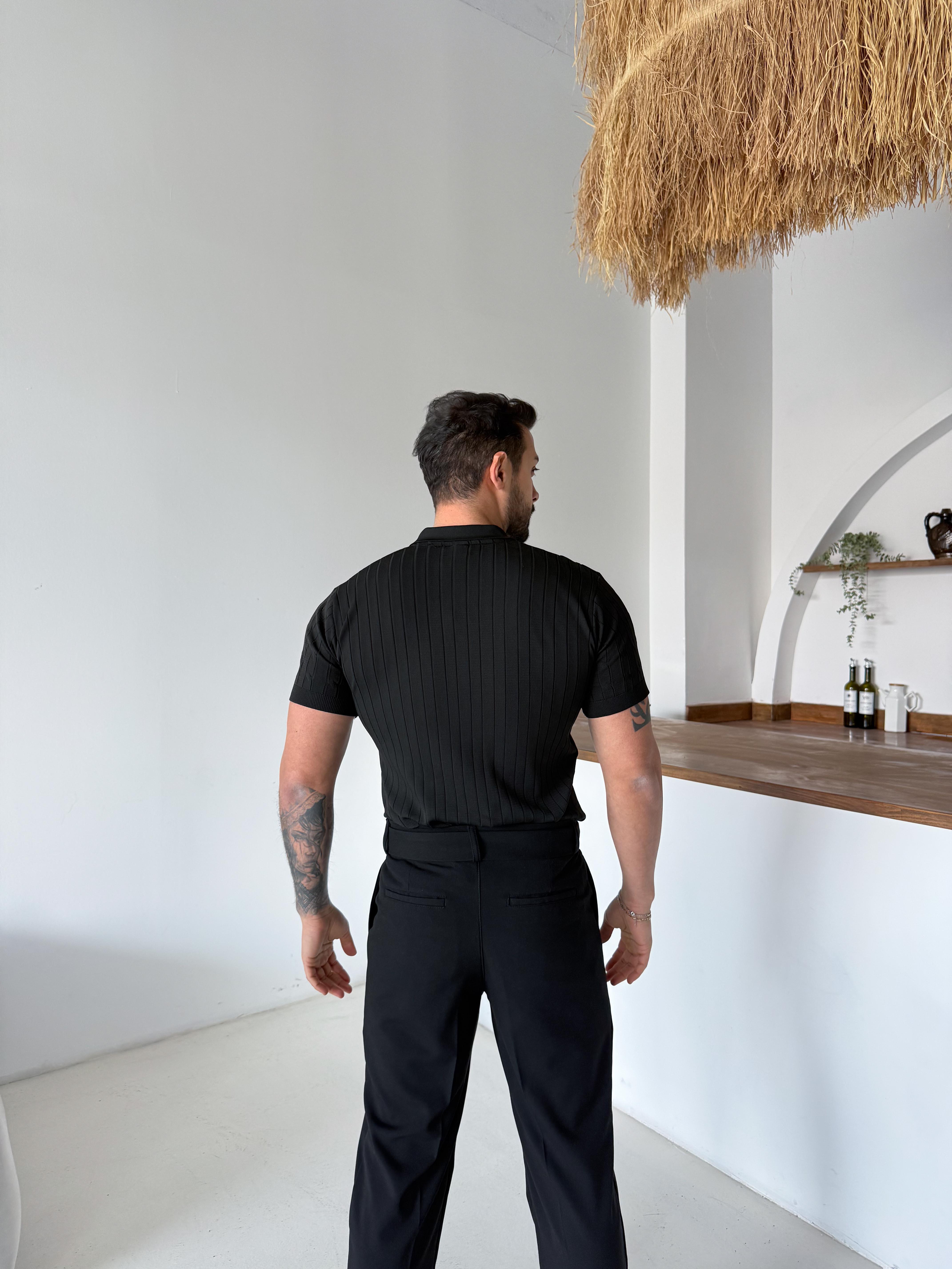 Siyah Saç Örgü Fermuarlı Triko TK