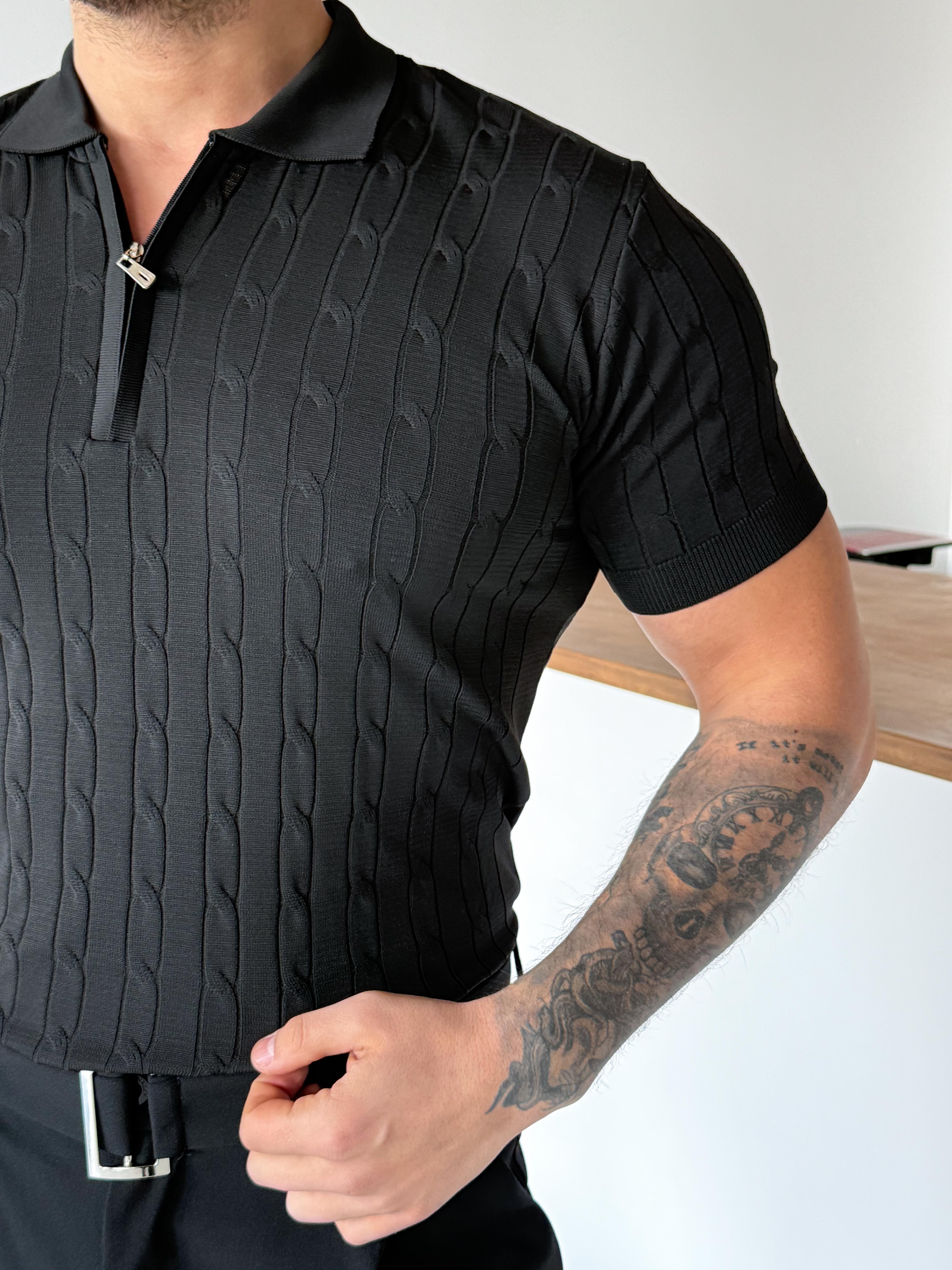 Siyah Saç Örgü Fermuarlı Triko TK