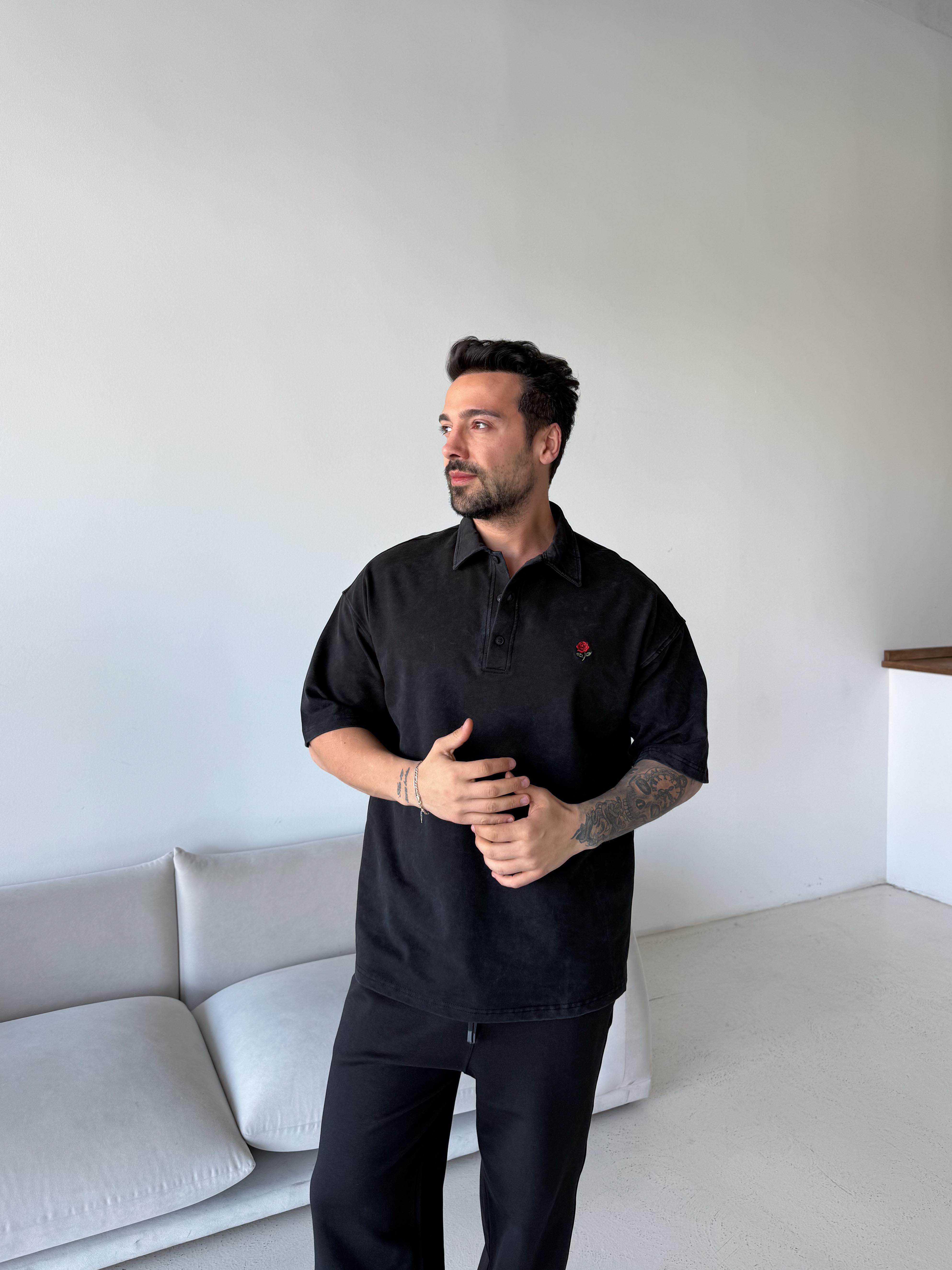 Siyah Yıkamalı Polo Gül Nakış Compak Tişört BRR 20205